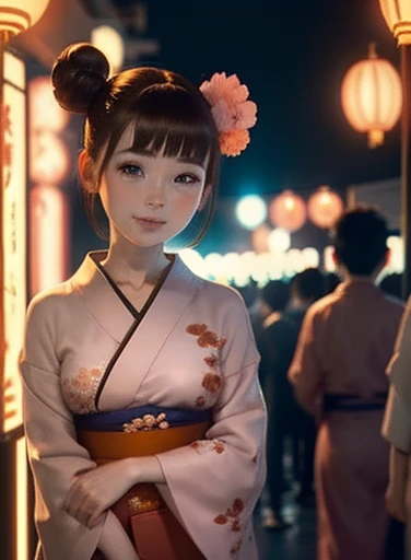 (masterpiece, best quality), deep ebony 1girl, beautiful face, freely short braids, Kyoto background , during a Japanese festival, cute female yukata, pink and black pattern , beautify, Lofi vibe, , cute night vibe, looking to the city, hands outside of the picture, 