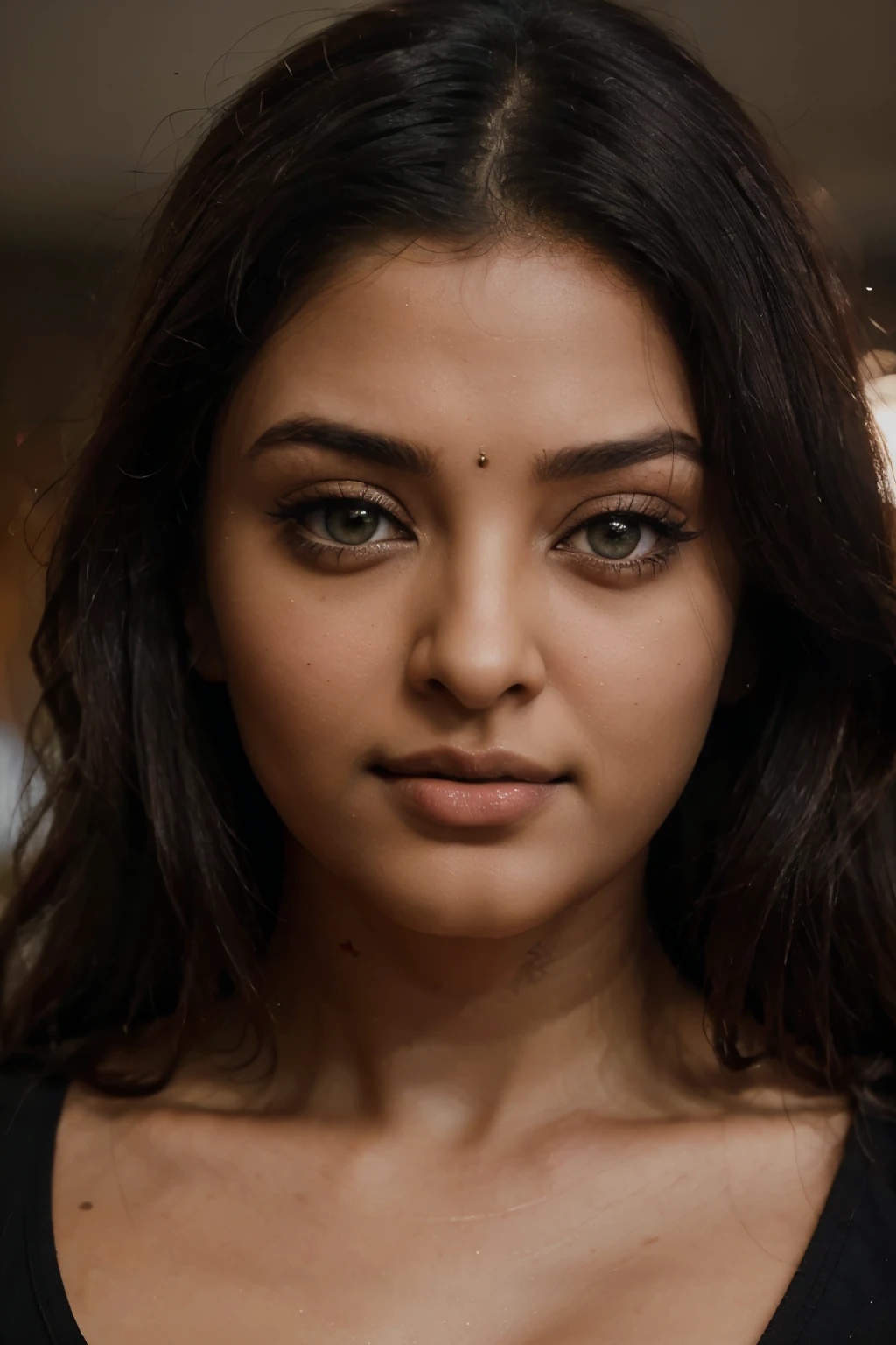 A close-up portrait of a young Indian woman with cute, attractive eyes and hazel eye color. She has dark hair and a model-like face. The image features cinematic and dynamic studio lighting that highlights her facial features, creating a dramatic and engaging visual effect. The lighting should add depth and contrast, emphasizing the beauty of her eyes and the texture of her skin. The overall composition should be professional and aesthetically pleasing, capturing the essence of her captivating appearance. Aishwarya Rai 