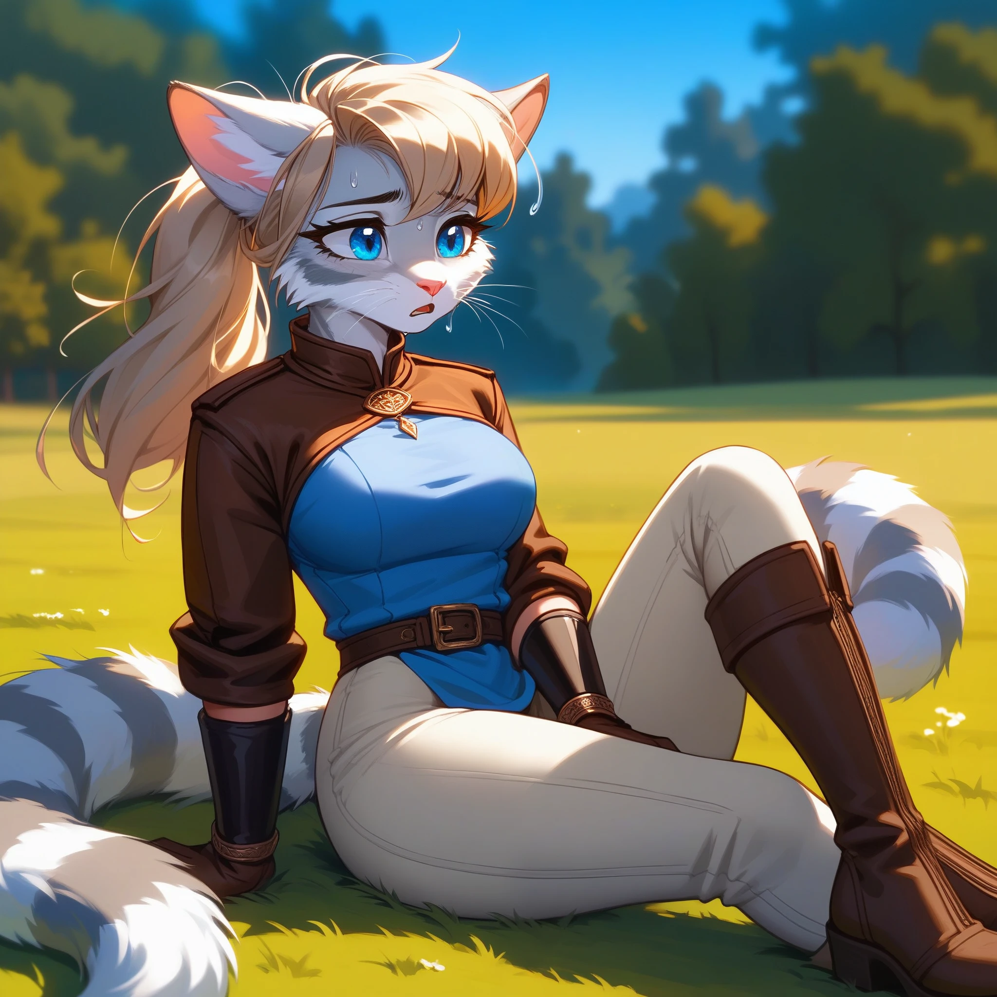 Solo,  score_9,score_8_up,score_7_up, source_furry, Kat, Anthro furry feline girl, tall body, hourglass figure, adult female, blue eyes, silver fur, blonde hair with pony tail, (striped tail), white whiskers, pink nose, wearing simple blue long sleeve tunic, brown leather gloves and bracers, light brown fitted pants, brown wedge heel boots, sitting on a large rock, resting her arms on her knees, exhausted expression, sad, tired, eyes half open, mouth open, visible sigh, she is sweating, simple outdoors background, hot sunny day, on a grassy field with a trail behind her and some trees