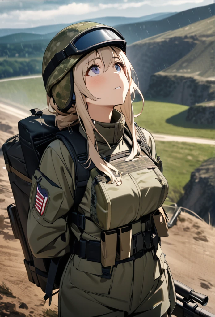 High quality, high definition, high precision images,8k Full HD.1 girl.America,army Modern soldier,sniper rifle,Put on a Current use helmet,(camouflage) 、small hill,it's raining,、rifle over your shoulder 、big on the back Backpack,body armor on the body,looking up at the sky,cowboy shot
