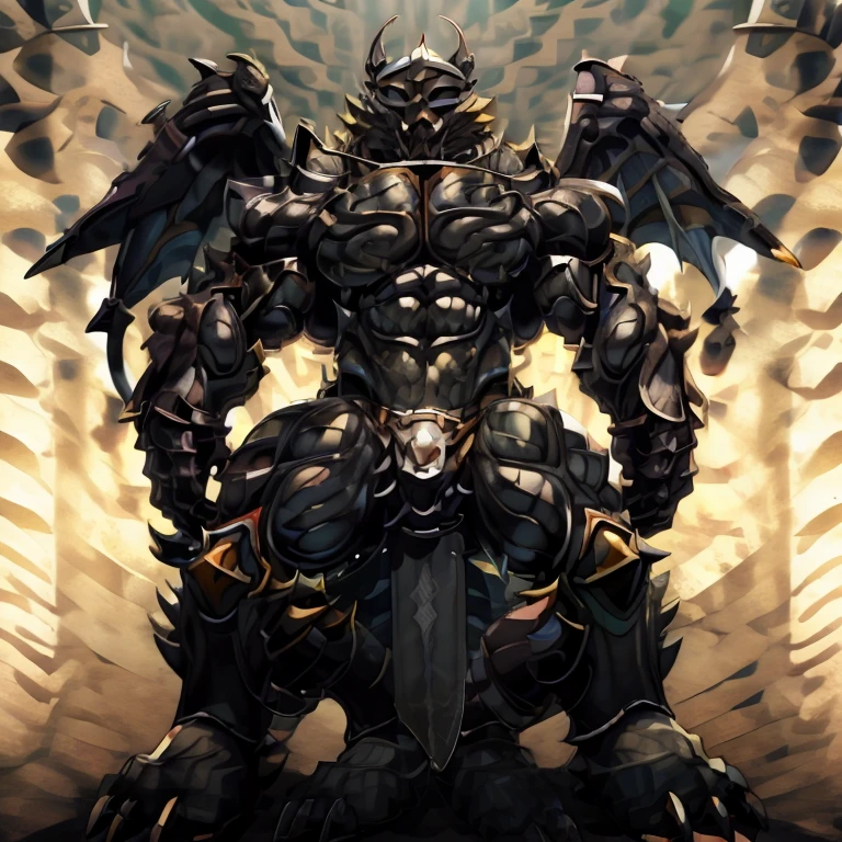 8K, Masterpiece, highres, black visor, Detailed head, Detailed Body, full body, BLACK color, Detailed abs, wearing crNanosuit, big muscle (pecs, triceps, traps) unusually developed muscular body, body full of huge muscles. showing off muscles, pectorales enormes. Exaggeratedly huge muscles. Gigachad Muscular, gigantic muscles, The claws are sharp, Sharp teeth, have big wings. whole body shines like metal. nj5furry, the bodybuilding competition, huge muscular bodybuilder, wearing a tiny thong (metallic color: jet black thong)  looking at the audience, five fingers, tall body,sitting on the throne,