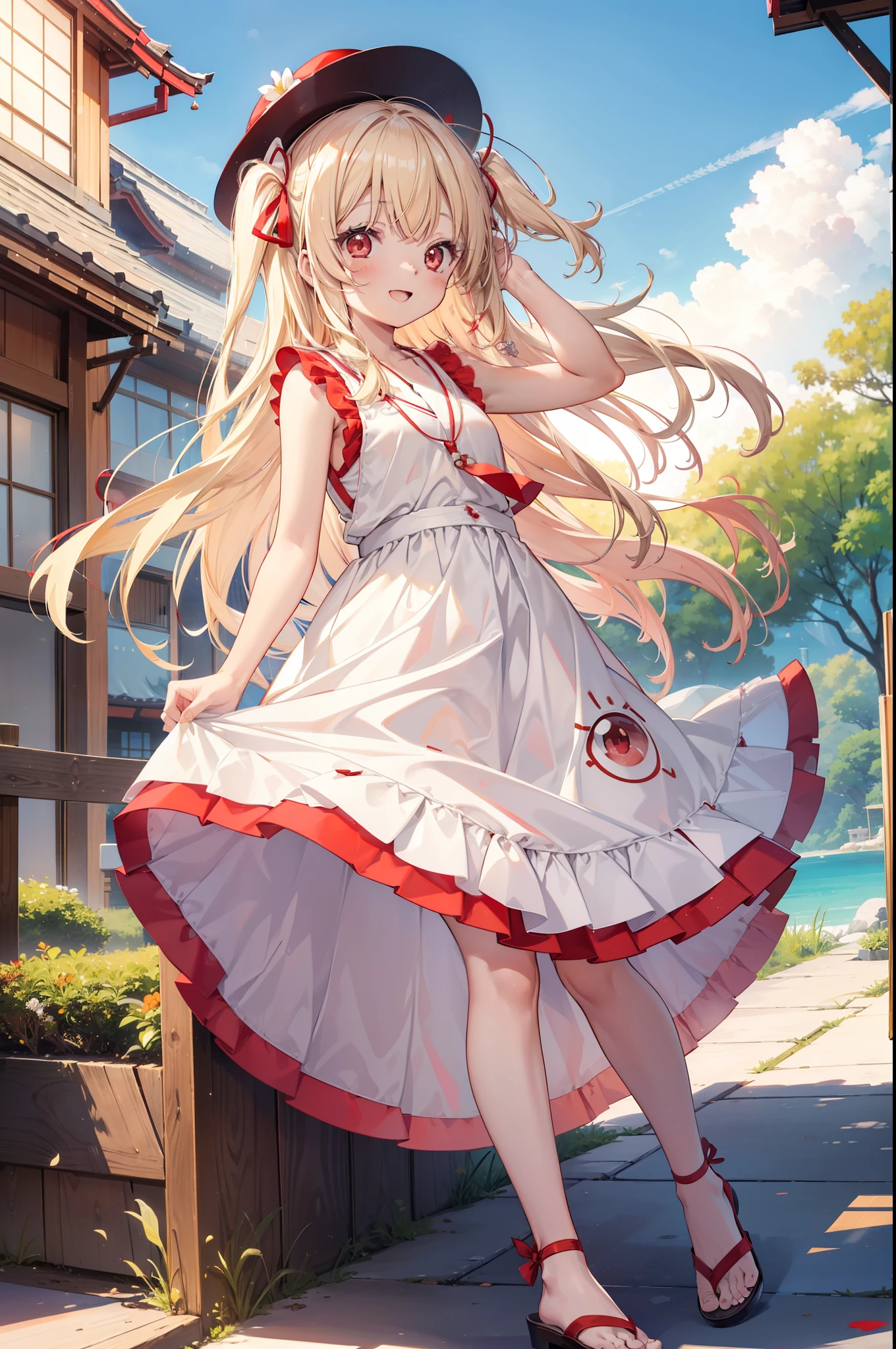 chisatonishikigi, Chisato Nishikigi, Long Hair, bangs, blonde, White Hat(Red eyes:1.5), Hair Ribbon, One side up,happy smile, smile, Open your mouth,smile,blush,Red sleeveless dress,White long skirt,Bare arms,Rocket Pendant,Cute Sandals,Real Summer,sunny,that&#39;It&#39;s as if your whole body is in the illustration., 　　　　　break outdoors, Coastal Road, Building district,　　　　　　　　　　break looking at viewer, whole body, 　　　　　　　　break (masterpiece:1.2), highest quality, High resolution, unity 8k wallpaper, (shape:0.8), (Beautiful details:1.6), Highly detailed face, Perfect lighting, Extremely detailed CG, (Perfect hands, Perfect Anatomy),