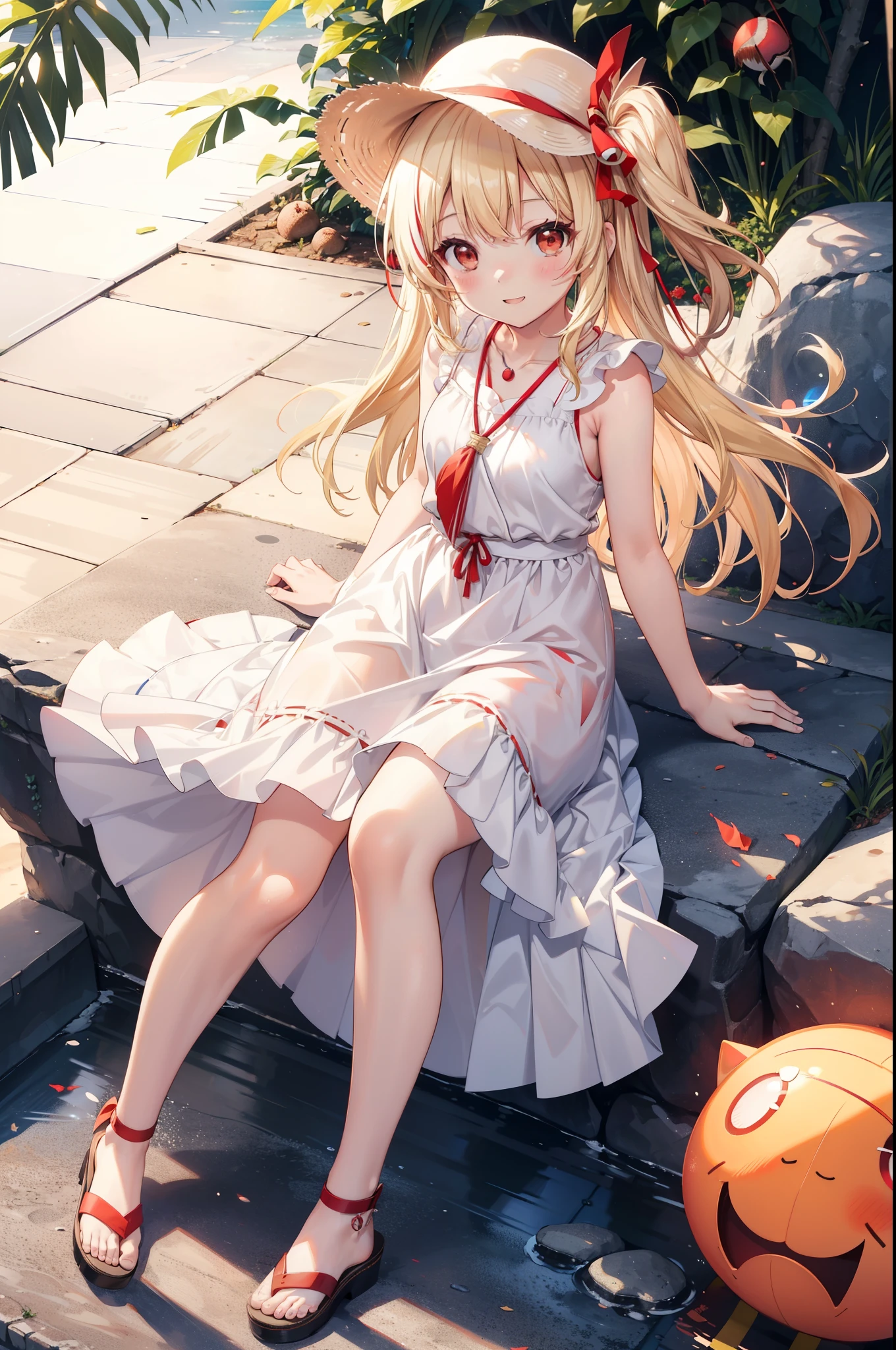 chisatonishikigi, Chisato Nishikigi, Long Hair, bangs, blonde, White Hat(Red eyes:1.5), Hair Ribbon, One side up,happy smile, smile, Open your mouth,smile,blush,Red sleeveless dress,White long skirt,Bare arms,Rocket Pendant,Cute Sandals,Real Summer,sunny,that'It's as if your whole body is in the illustration., break outdoors, Coastal Road, Building district, break looking at viewer, whole body, break (masterpiece:1.2), highest quality, High resolution, unity 8k wallpaper, (shape:0.8), (Beautiful details:1.6), Highly detailed face, Perfect lighting, Extremely detailed CG, (Perfect hands, Perfect Anatomy),