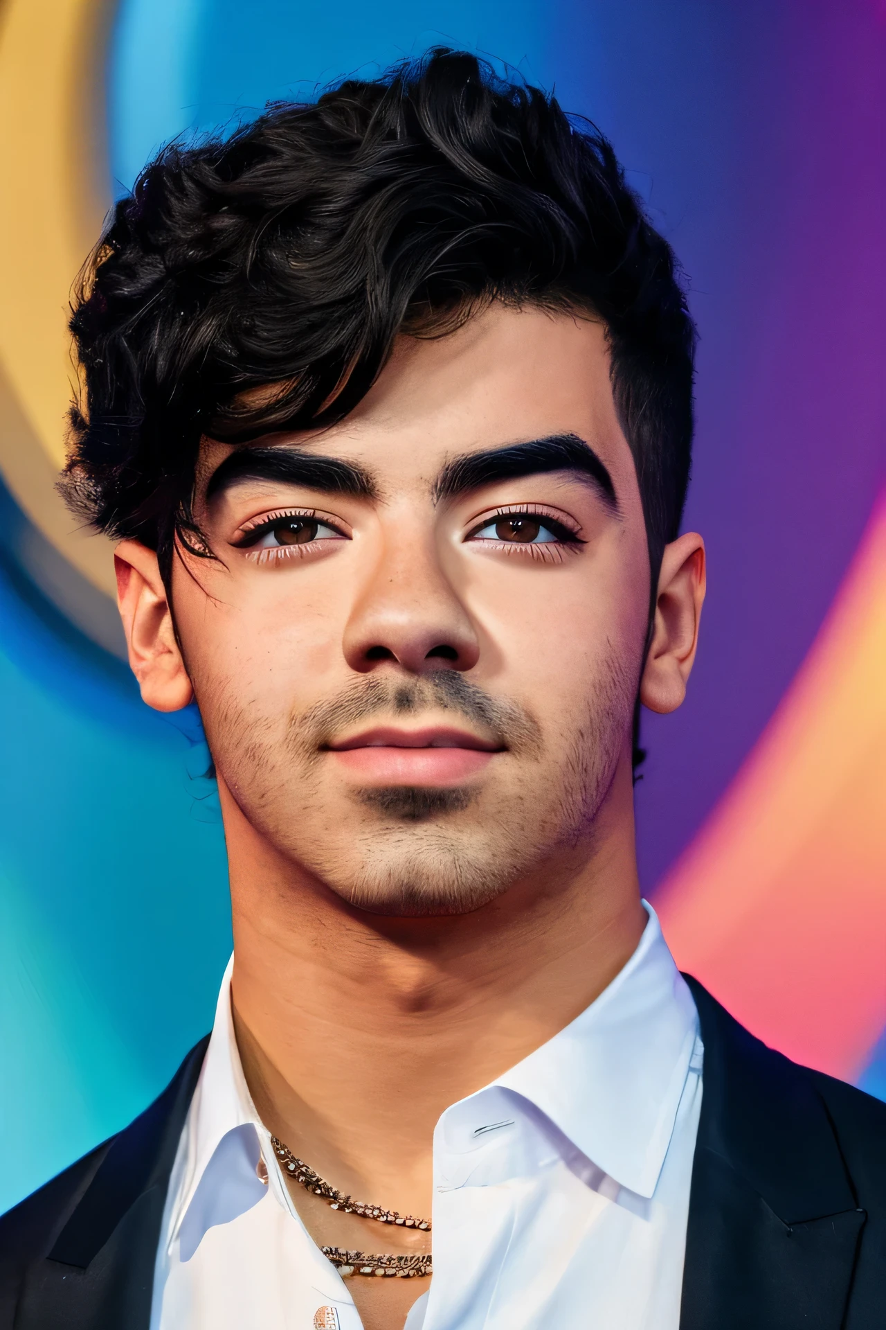 Singer Joe Jonas from the Jonas Brothers, half body shot, detailed face, detailed representation of the face, detailed eyes, high quality, high resolution, best image, whole body shot wearing luxurious outfit, facing the audience, 8k, high quality, colorful background