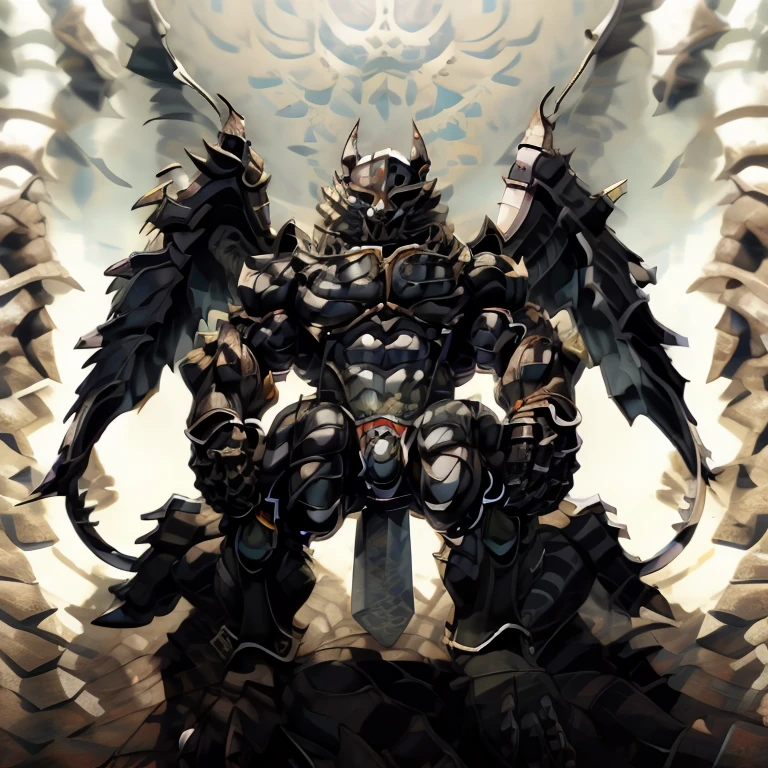 8K, Masterpiece, highres, black visor, Detailed head, Detailed Body, full body, BLACK color, Detailed abs, wearing crNanosuit, big muscle (pecs, triceps, traps) unusually developed muscular body, body full of huge muscles. showing off muscles, pectorales enormes. Exaggeratedly huge muscles. Gigachad Muscular, gigantic muscles, The claws are sharp, Sharp teeth, have big wings. whole body shines like metal. nj5furry, the bodybuilding competition, huge muscular bodybuilder, wearing a tiny thong (metallic color: jet black thong)  looking at the audience, five fingers, tall body, sitting on the throne,
