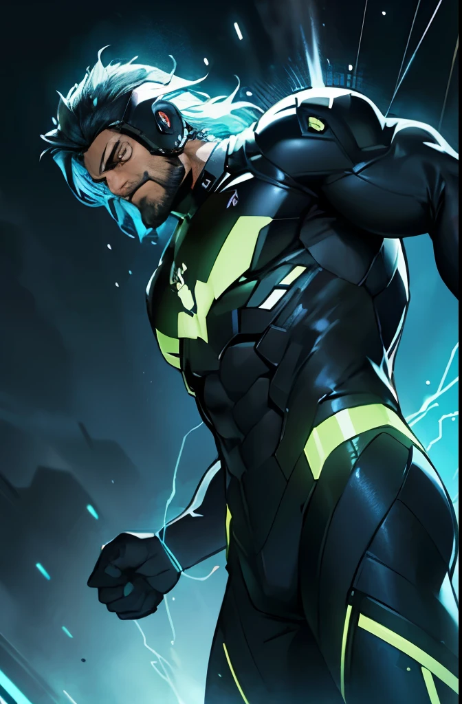 Portray a realistic character for a fantastic video game, The character combines qualities (power, endurance, dexterity, fart), in a suit made of tight-fitting nanofiber, ability to fly, the ability to release electrical discharges from the hands, There is a green light in his eyes, As realistic as possible, On the street of Cyber City, Assistant Flying Android, Highest resolution, Highest Detail, 8k, super realism