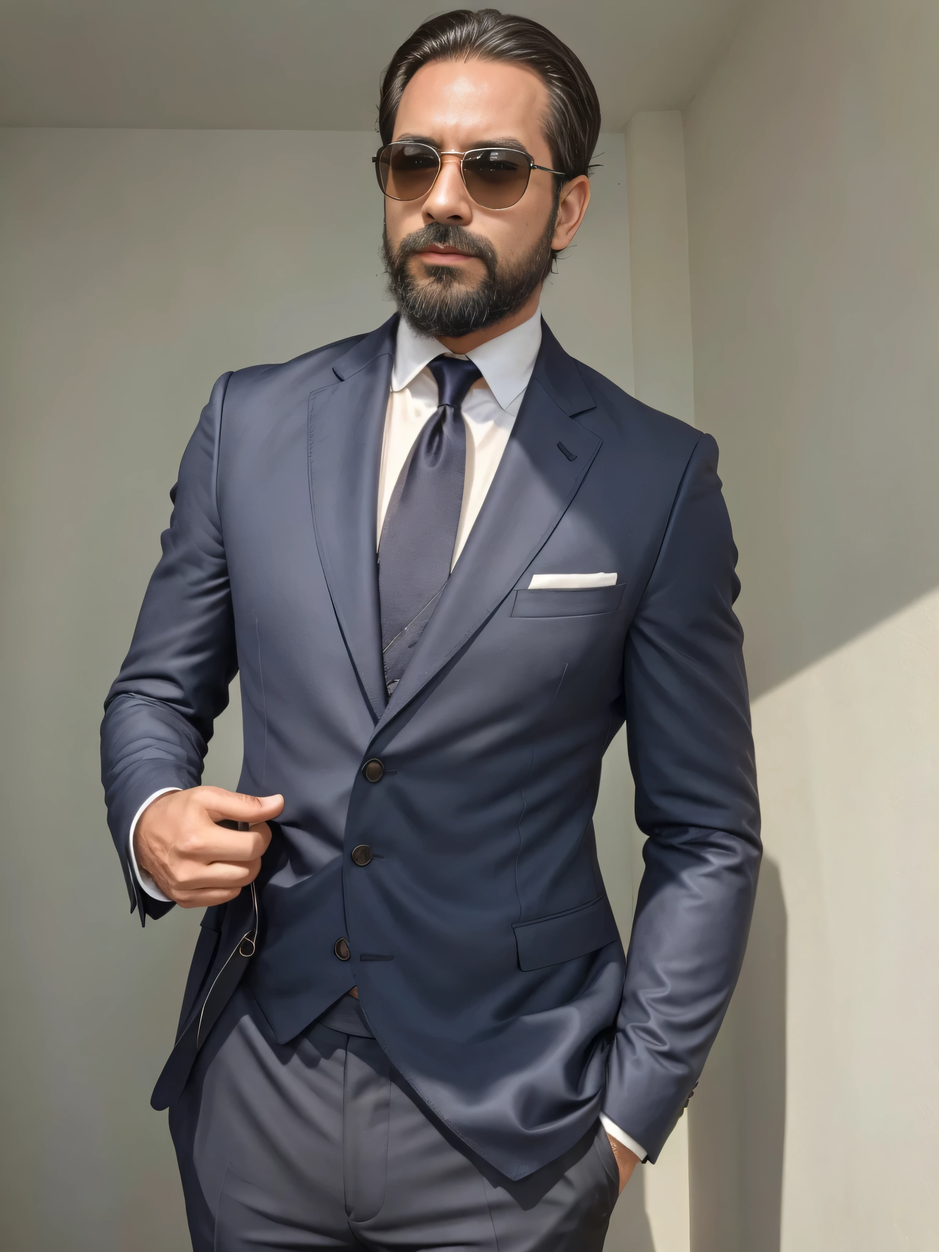 {
  "prompt": "A 38-year-old man with light brown skin and a neatly trimmed beard is wearing sunglasses and dressed in very elegant clothing. He is shown in a medium shot focusing on his upper body. He is wearing a tailored dark navy blazer over a crisp white dress shirt, complemented by a silk pocket square. His sunglasses add a touch of modern flair, and his confident, poised expression exudes sophistication. The background is a sleek, urban setting with soft lighting highlighting his stylish attire."
}