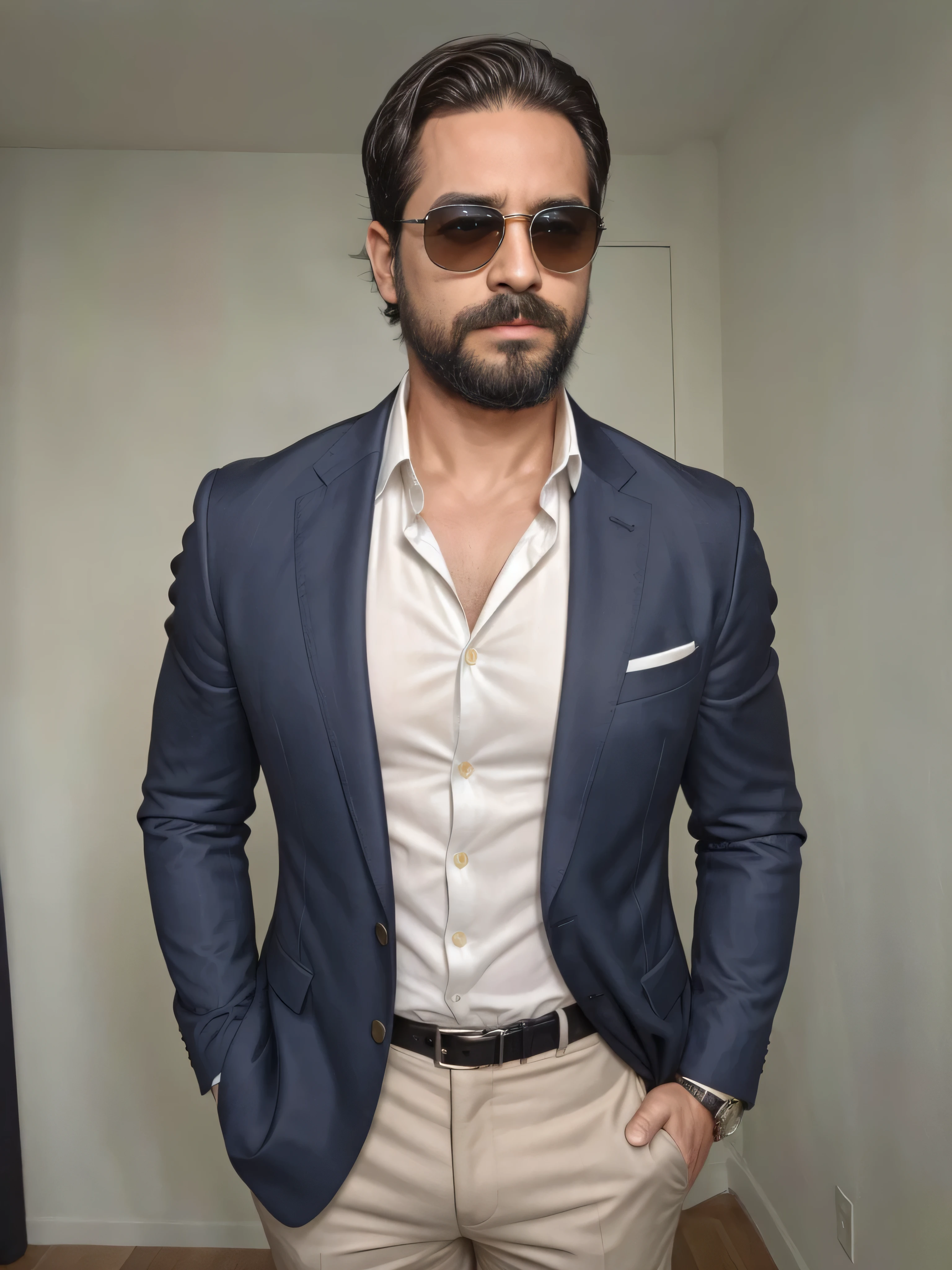 {
  "prompt": "A 38-year-old man with light brown skin and a neatly trimmed beard is wearing sunglasses and dressed in very elegant clothing. He is shown in a medium shot focusing on his upper body. He is wearing a tailored dark navy blazer over a crisp white dress shirt, complemented by a silk pocket square. His sunglasses add a touch of modern flair, and his confident, poised expression exudes sophistication. The background is a sleek, urban setting with soft lighting highlighting his stylish attire."
}