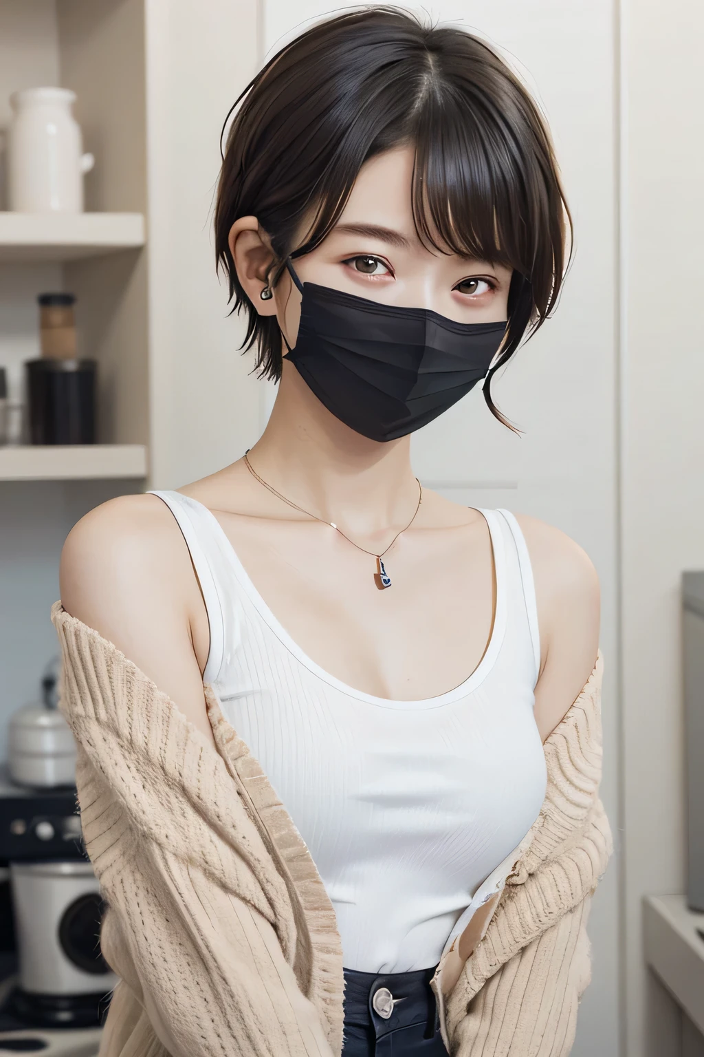 205 ((short hair)), 20-year-old female, In underwear、Put a cardigan over your shoulders、 A refreshing smile、Mask on mouth、Black Hair、ear piercing、Necklace around the neck、