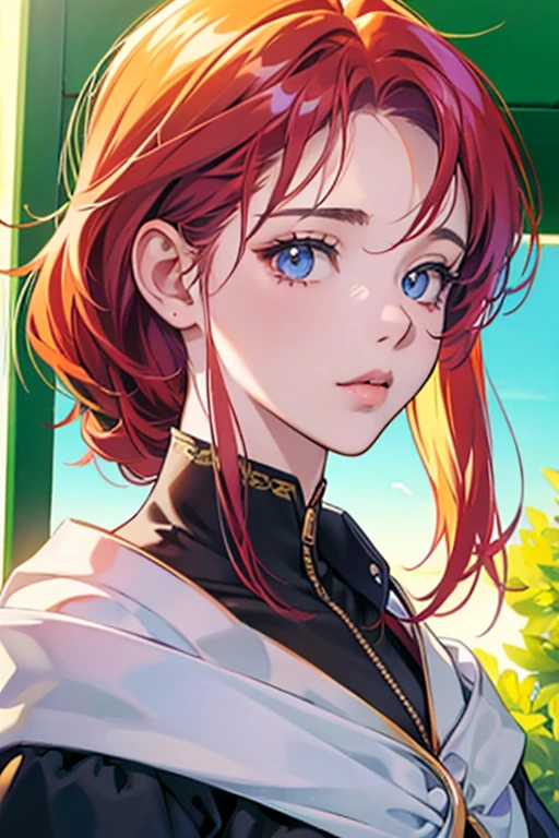 This is a high definition anime portrait (8K) que presenta a una chica ojos verdes que destacanm con curvas prominentes y una gargantilla, looking directly at the camera. Su cabello es una mezcla vibrante de rojo por fuera y por dentro violeta, con patrones y un brillo estelar que sugiere un fondo espacial y estrellado.