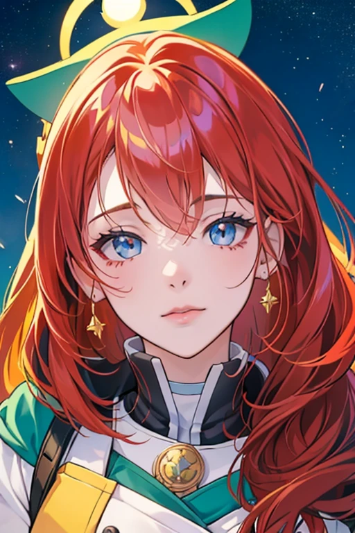 This is a high definition anime portrait (8K) que presenta a una chica ojos verdes que destacanm con curvas prominentes y una gargantilla, looking directly at the camera. Su cabello es una mezcla vibrante de rojo por fuera y por dentro violeta, con patrones y un brillo estelar que sugiere un fondo espacial y estrellado.
