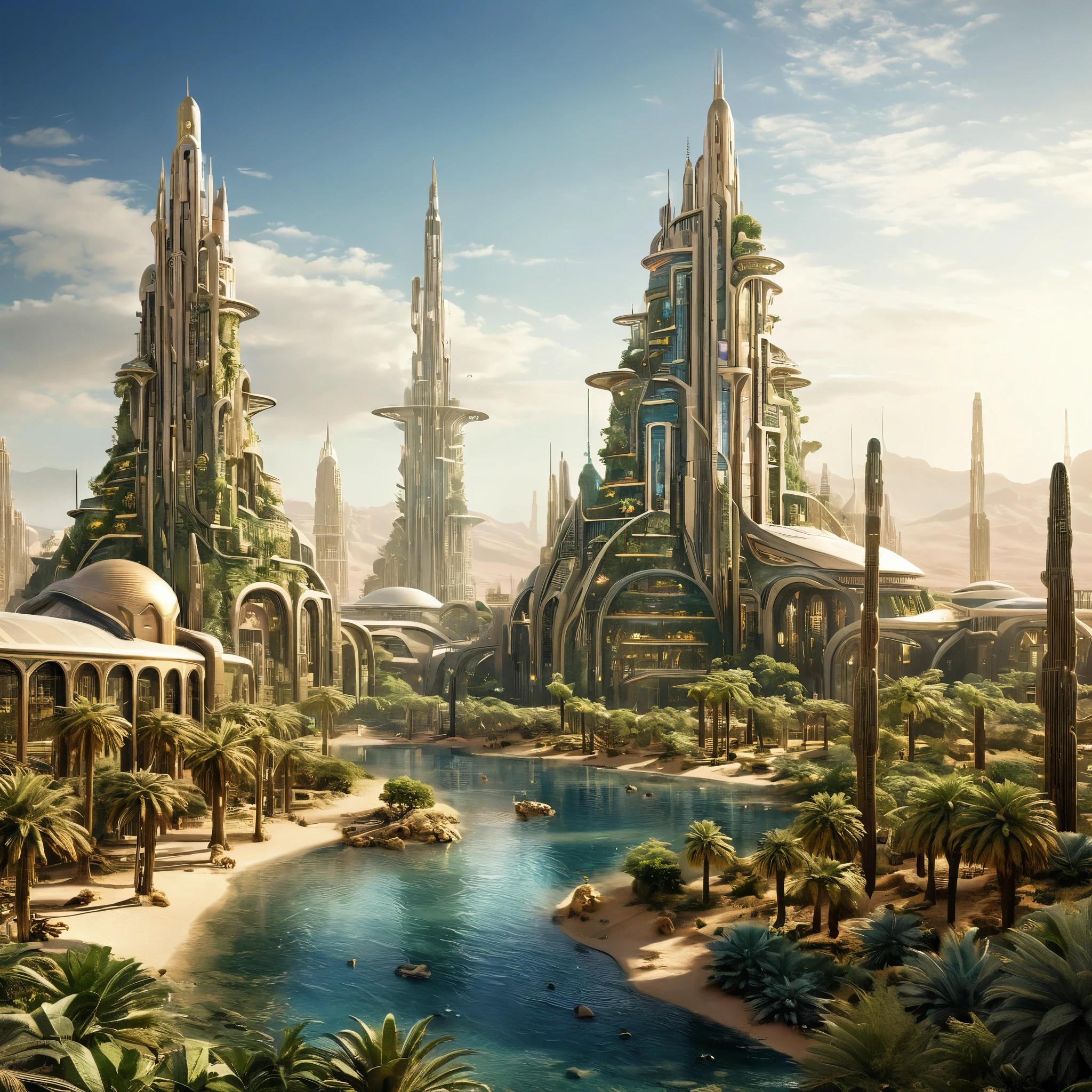 A futuristic city built around a desert oasis, with high-tech buildings and lush vegetation, photorealistic, finely rendered textures, digitally enhanced.