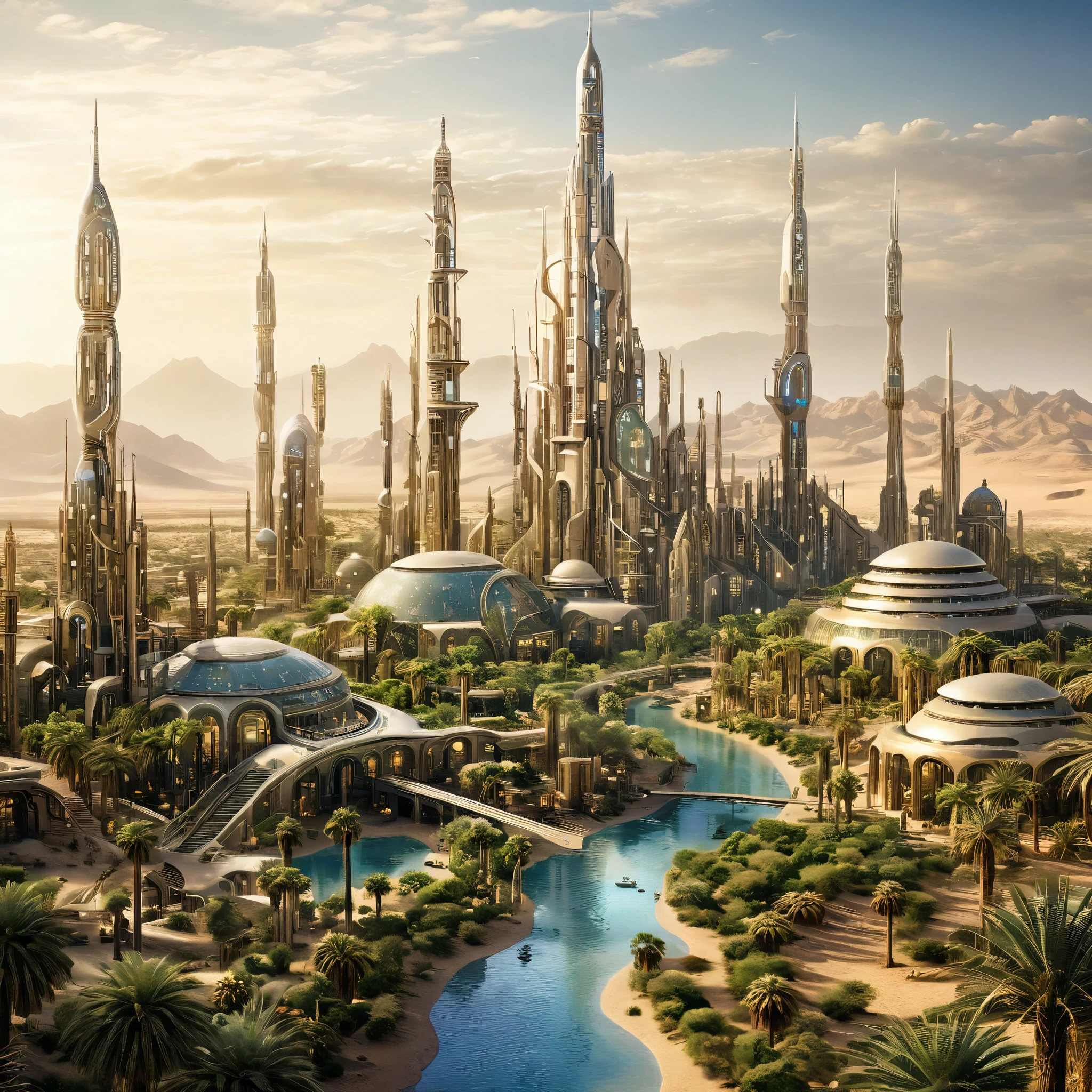 A futuristic city built around a desert oasis, with high-tech buildings and lush vegetation, photorealistic, finely rendered textures, digitally enhanced.