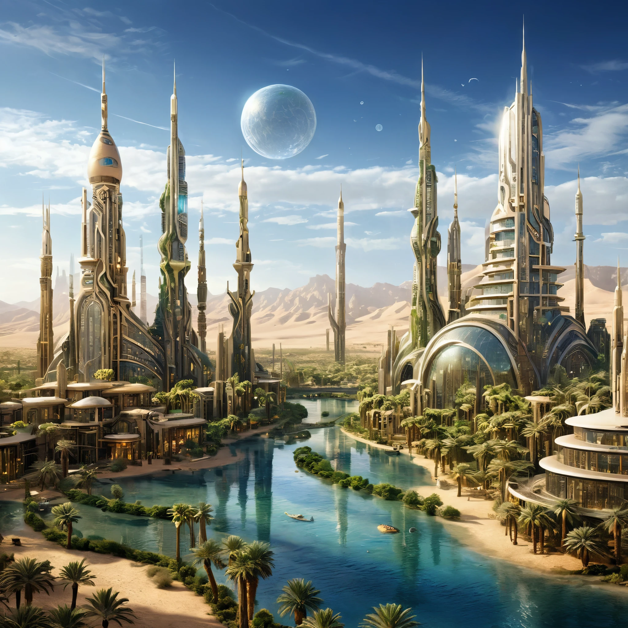 A futuristic city built around a desert oasis, with high-tech buildings and lush vegetation, photorealistic, finely rendered textures, digitally enhanced.