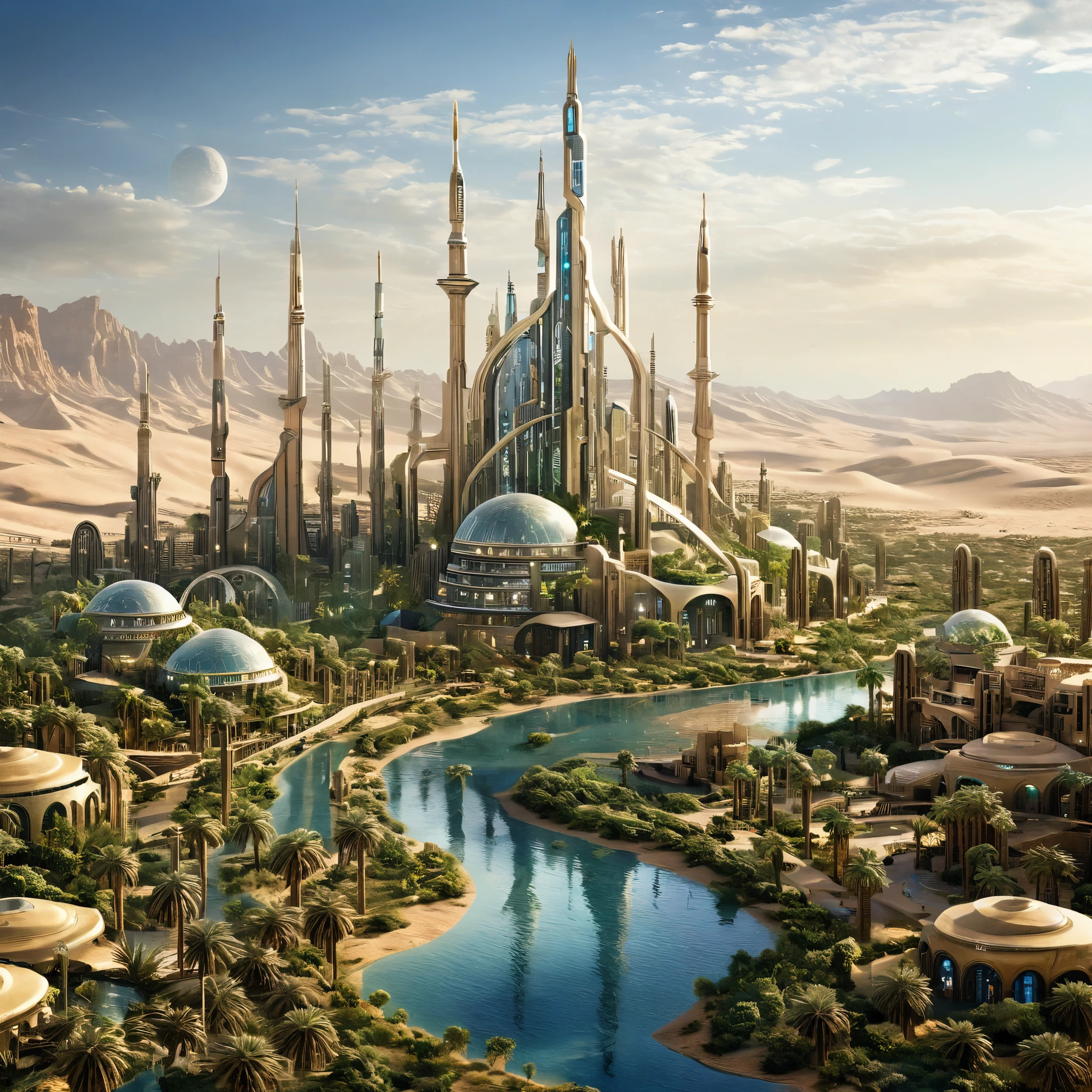 A futuristic city built around a desert oasis, with high-tech buildings and lush vegetation, photorealistic, finely rendered textures, digitally enhanced.