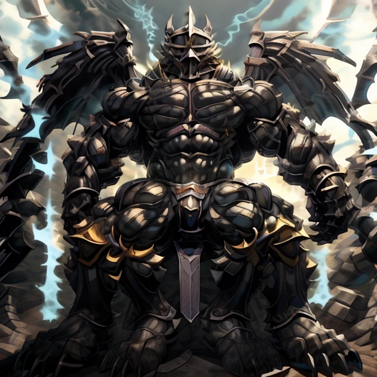 8K, Masterpiece, highres, black visor, Detailed head, Detailed Body, full body, BLACK color, Detailed abs, wearing crNanosuit, big muscle (pecs, triceps, traps) unusually developed muscular body, body full of huge muscles. showing off muscles, pectorales enormes. Exaggeratedly huge muscles. Gigachad Muscular, gigantic muscles, The claws are sharp, Sharp teeth, have big wings. whole body shines like metal. nj5furry, the bodybuilding competition, huge muscular bodybuilder, wearing a tiny thong (metallic color: jet black thong) looking at the audience, five fingers, tall body,sitting on the throne,