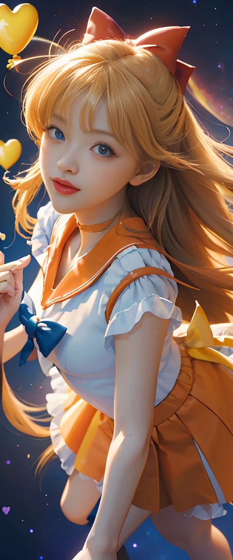 (masterpiece, best quality;1.3), very detailed CG, very detailed, 1 girl, alone,  laugh,  looking at viewer, stylish angle, blonde long hair,blue eyes,
sv1, Sailor Sensi Uniform, Orange skirt, elbow bag, tiara, Orange Sailor Color, red bow, Orange Choker, white gloves, bijouterie, from above,
I have a lot of heart, face focus,venus,hurricane,abstract background, 마음의 hurricane, heart beam, Heart Bubble, heart balloon, heart star, heart flower, heart light, world of mind, Heart Background, galaxy background, Heart Weapons, heart aura,