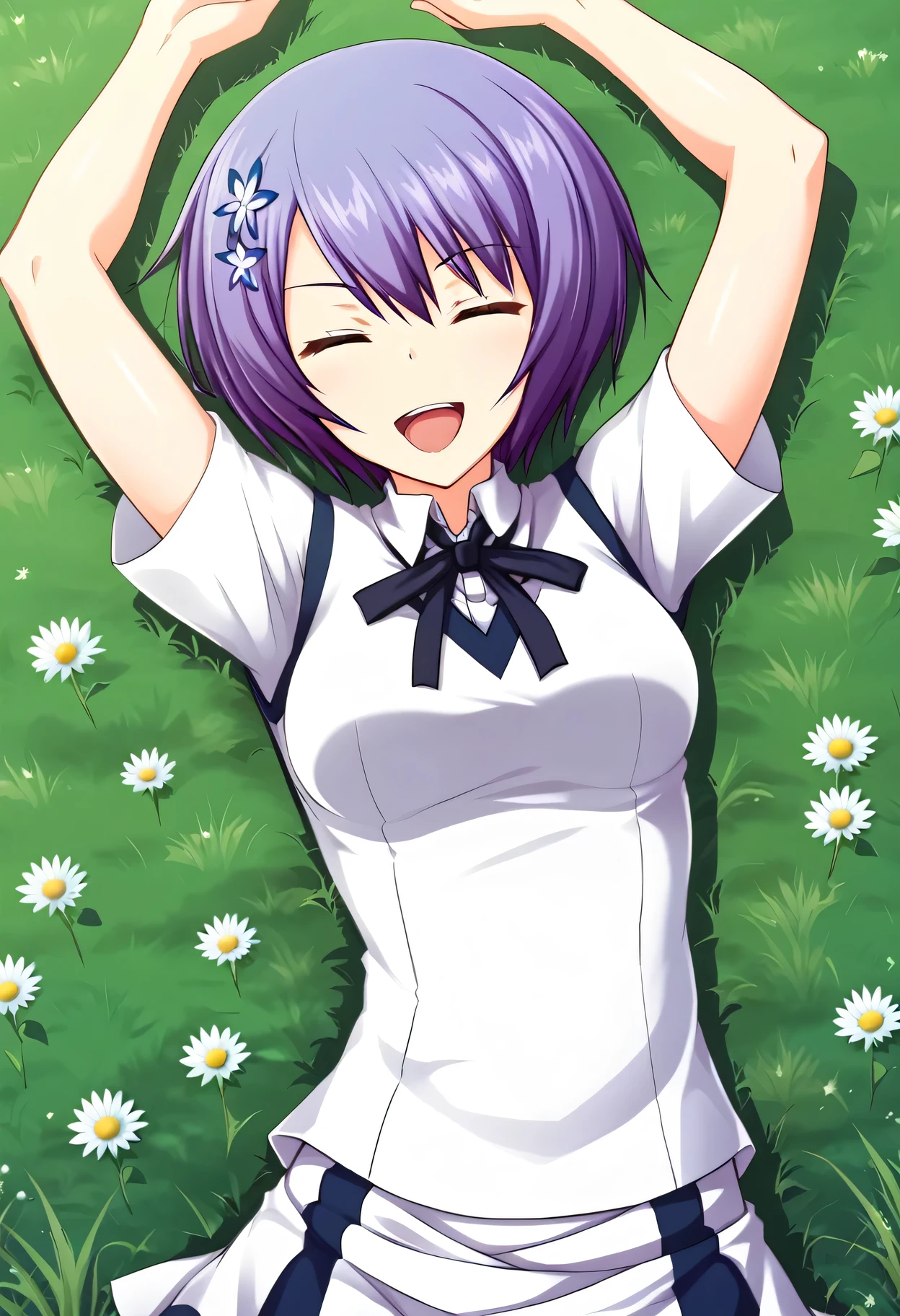 Shiina Miyako, purple hair, short hair, purple eyes, hair ornament, , short sleeves, white sweater vest, white shirt, white skirt, neck ribbon, black ribbon, high quality, looking at viewer, open mouth, on back, on grass, arms up, spread arms, expressionless, (cowboy shot:1.5), lying, best quality, smirk, play dead, tongue out, closed eyes,