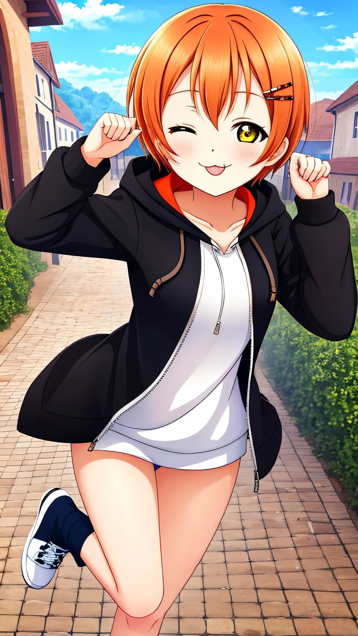 Masterpiece, best quality, Hoshizora rin, orange hair, yellow eye,one eye closed,solo, looking_at_viewer, blush, smile, short_hair, open_mouth, long_sleeves, standing, collarbone, yellow_eyes, hair ornaments, ;p, village street, hood, bare_legs, hoodie, standing_on_one_leg, hood_down, zipper, naked_hoodie, thighs, bottomless , shoes