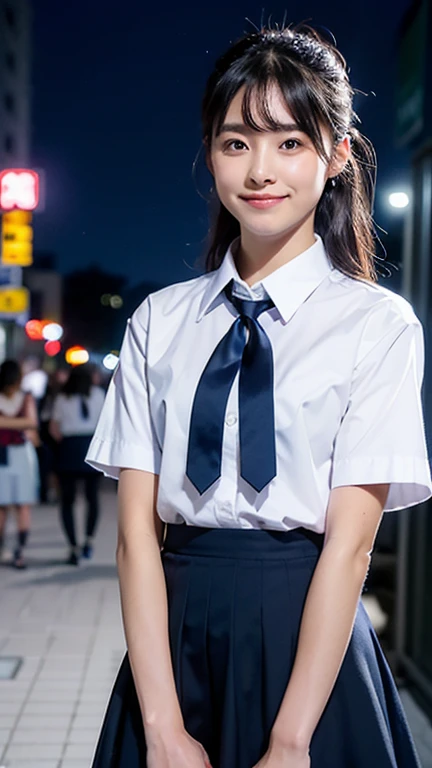 (8k, RAW Photos, highest quality, Learning:1.3),(Realistic,photo-Realistic:1.37),(night),(The audience watching:1.331),(Gray Hair),Pause,Tokyo Street,nightcityscape,Cyberpunk City,Soft Light, One girl, Very beautiful face, Perfect figure, focal distance, bust, casual hairstyle, smile, Big eyes, (short sleeves JK_shirt), JK_style, (navy JK_skirt), (bow JK_tie), Mix 4, Fine grain