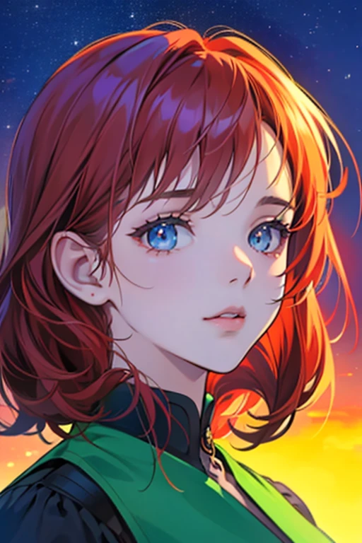 This is a high definition anime portrait (8K) que presenta a una chica ojos verdes que destacanm con curvas prominentes y una gargantilla, looking directly at the camera. Su cabello es una mezcla vibrante de rojo por fuera y por dentro violeta, con patrones y un brillo estelar que sugiere un fondo espacial y estrellado.