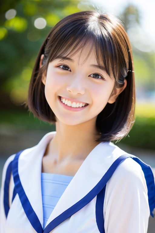 Close-up of a 17-year-old high school girl、(run and jump).Big Breasts、White skin、 smileの日本モデル、 cuteアイドルの彫刻、 若手gravureアイドル、 若くてcuteアイドルの彫刻、 リアルにcuteアイドルの彫刻、 smileがcuteアイドルの彫刻、 洗練されたgravureアイドル、masterpiece, (run and jump)、 highest quality, High resolution, wallpaper, Realistic, Bright lighting, Professional Lighting, Face Light, Smooth lighting, Japanese Girls, ((Whole body 1.4)),Are standing, 15 years old,cute, smile, beautiful girl, gravure, sexy, so beautiful, Beautiful Skin, Beautiful and exquisite、Detailed face、slim、Moderate, short hair,、Schoolyard、Cheerfully、smile、skip、Teenage Girls　Japanese　Realisticな　10 generations　　Background Blur、Sailor suit、blue sky