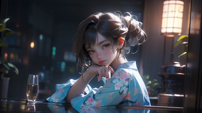 (masterpiece:1.3), High resolution, Super detailed, Highly detailed CG Unity 8k wallpaper, Realistic, photo-Realistic, RAW Photos, Beautifully detailed face, Pale skin, Realistic glistening skin, Detailed cloth texture, Detailed hair texture, Perfect body, Beautiful Face, Accurate, Anatomically correct, Highly detailed face and skin texture, Natural neck length, (Beautiful Hands), (Fair skin:1.2), Thin legs, Thin legs, (Good teeth alignment:1.1), break, Fine grain, Symmetrical eyes, Light brown eyes, double eyelid, Thin eyebrows, (Glossy lips:1.4), ((A face waiting for a kiss:1.2)), (blush:1.1), (Sparkly little hair accessories:1.1), break, (Classy and beautiful girl), (1 girl,), (Wearing an elegant yukata with a navy blue base and white flower pattern:1.2), (Night view outside the window:1.5)) , in Japan, break, Medium large breasts, Slim figure, Toned Abs, (View Viewer:1.2), ((Updo:1.2)), (Dark blonde hair), ((Wavy Hair, Long Hair:1.2)), ((Asymmetrical bangs:1.2)), ((Close-up shot:1.2)), (From the side), (Focus on the face), break,((Hold the champagne glass close to your face:1.2)),