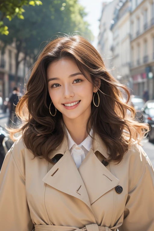 highest quality、4K、Perfect Face、Perfect Style、Sunburn、beautiful、stylish appeal、Mature、long layer curly brown hair、Swept-back hair、in paris 、full body, giddy smile、hoop pierce、trench coat、french breads、perfect proportion、sexy,healthy,charming lady,