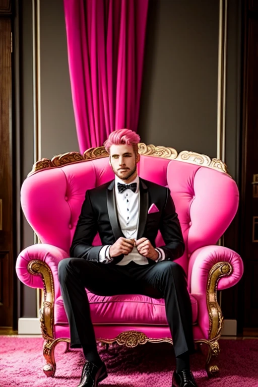 handsome, pink theme, pink formal attire, sitting in a big pink chair, shows full body, pink hair