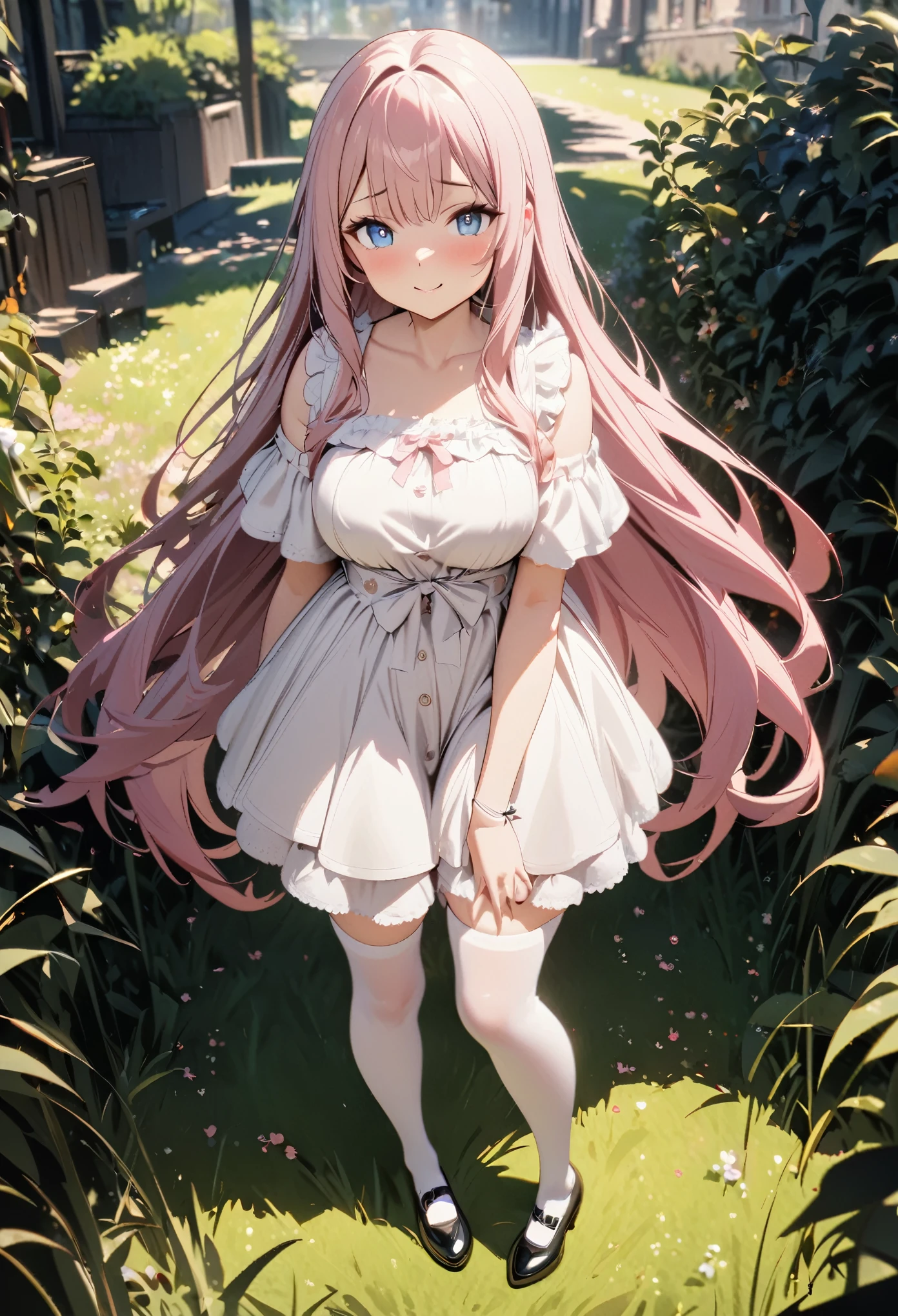 1 girl, (Girl is curvy, cute, beautiful and short), ((Girl has long pale pink hair))((long hair, reaching waist))((very pale colour of pink)), ((blue eyes)), ((Girl wears a cute white dress, white thigh high socks, black Mary jane shoe)), ((Girl is standing on a grass yard)), looking at viewer, shy, smiling, 8k, masterpiece, ray tracing, girl is fully captured in the picture