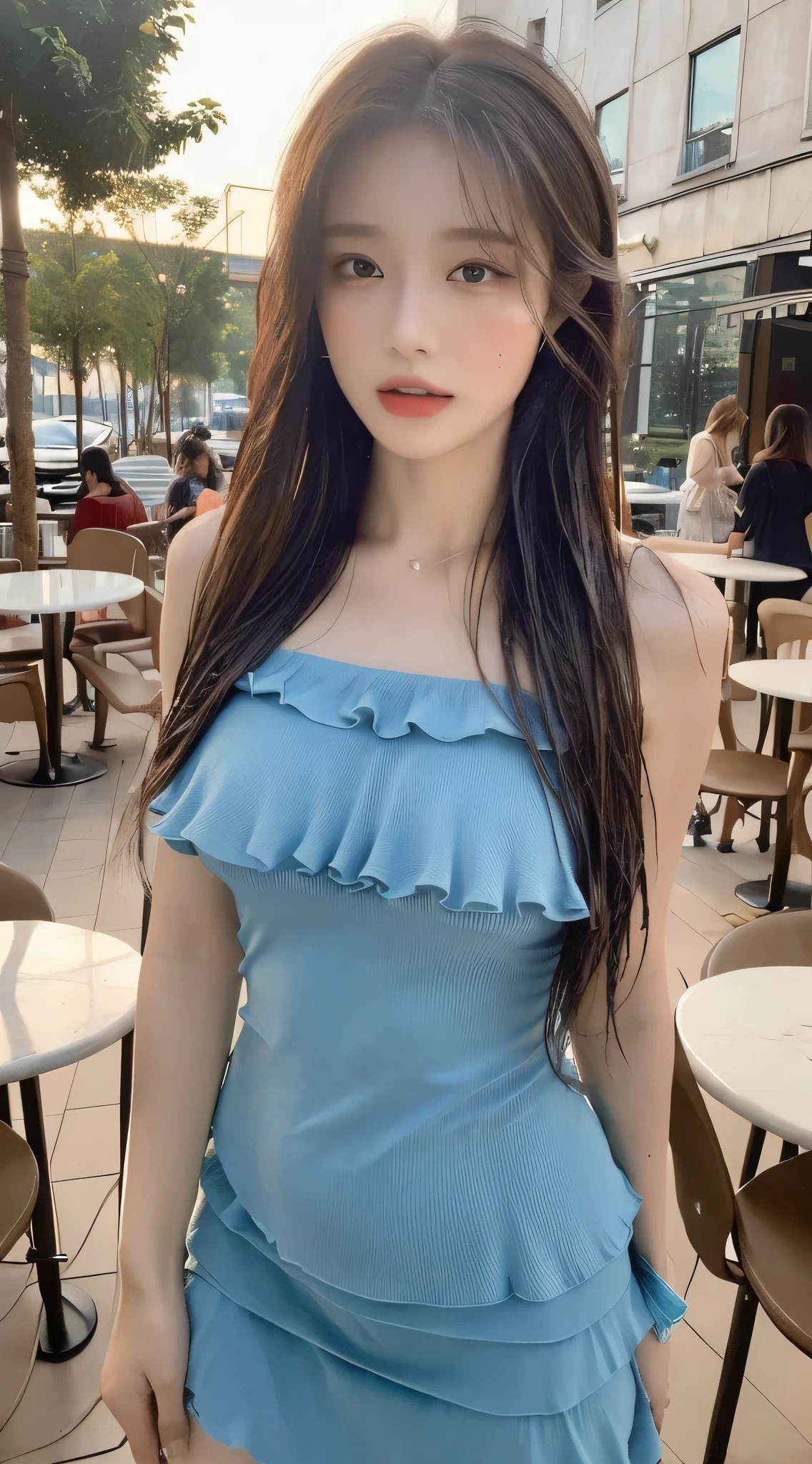 ((best quality, 8K, masterpiece:1.3)), focus:1.2, Perfect body beauty:1.4, Hips:1.2, ((Layered Hairstyle, breast:1.2)), (wet clothes:1.1) , (outdoor cafe:1.3), Tube Top Dress: 1.1, Highly detailed face and skin textures, beautiful eyes, Double eyelids, Skin Whitening, long hair, (shut up: 1.3)
