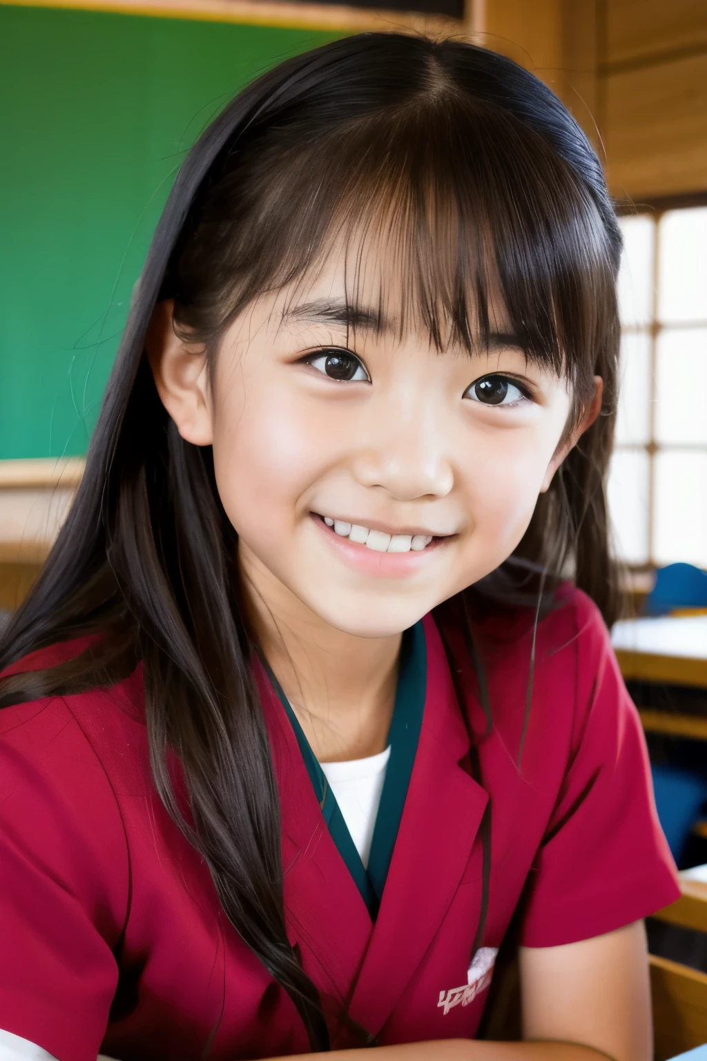 lens: 135mm f1.8, (highest quality),(RAW Photos), (Tabletop:1.1), (Beautiful  Japanese girl), Cute Face, (Deeply chiseled face:0.7), (freckles:0.4), dappled Nikko, Dramatic lighting, (Japanese School Uniform), (In the classroom), shy, (Close-up shot:1.2), (smile)