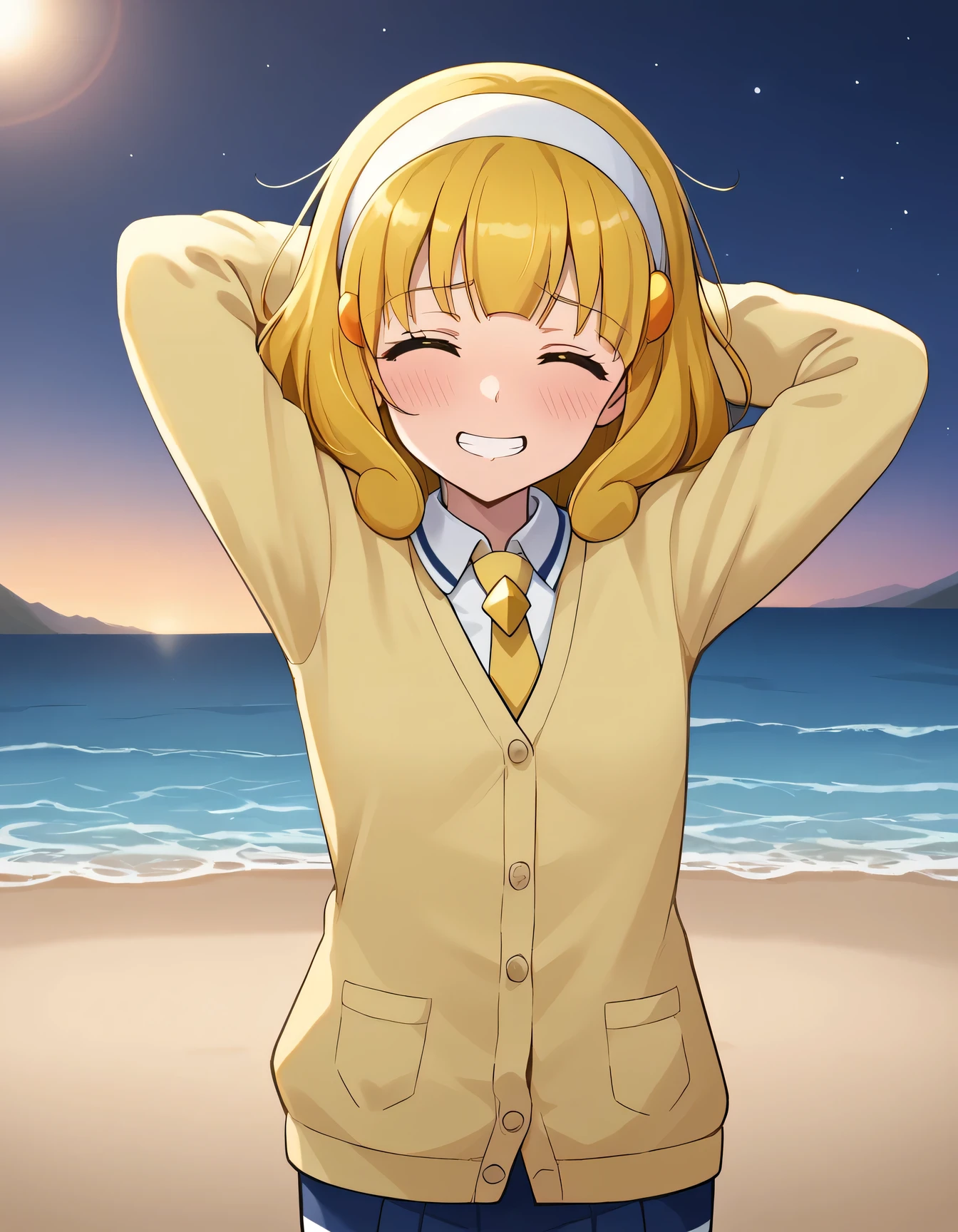 score_9, source_anime, rating_safe BREAK 1girl, solo
kise yayoi, yellow hair, yellow eyes, white hairband, hair ornament, medium hair, nanairogaoka middle , yellow necktie, yellow cardigan, (cowboy shot:1.5), solo, night sky, beach, arms behind head, contrapposto, spread armpits, looking at viewer, best quality, closed eyes, shy, grin, blushing,