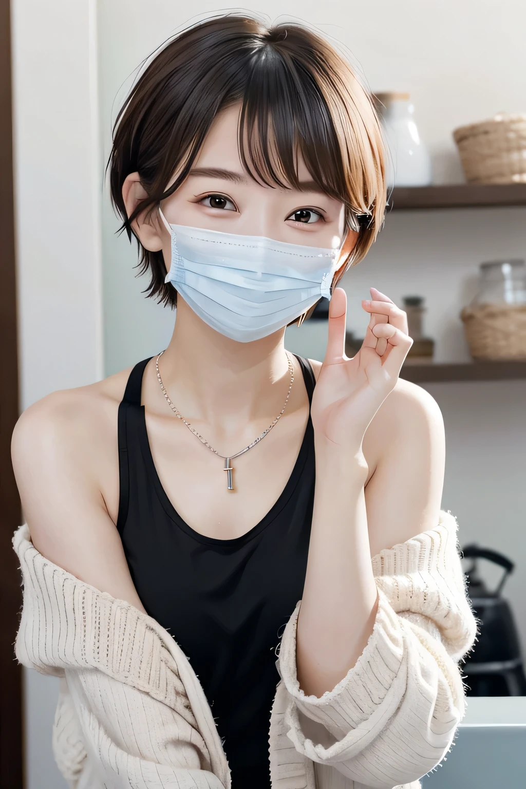 205 ((short hair)), 20-year-old female, In underwear、Put a cardigan over your shoulders、 A refreshing smile、Mask on mouth、Black Hair、ear piercing、Necklace around the neck、