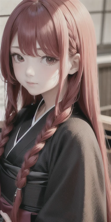 best quality, masterpiece, Cherry hair, iron eyes, black kimono, looking up, upper body,hair strand,Fair skin,side braids