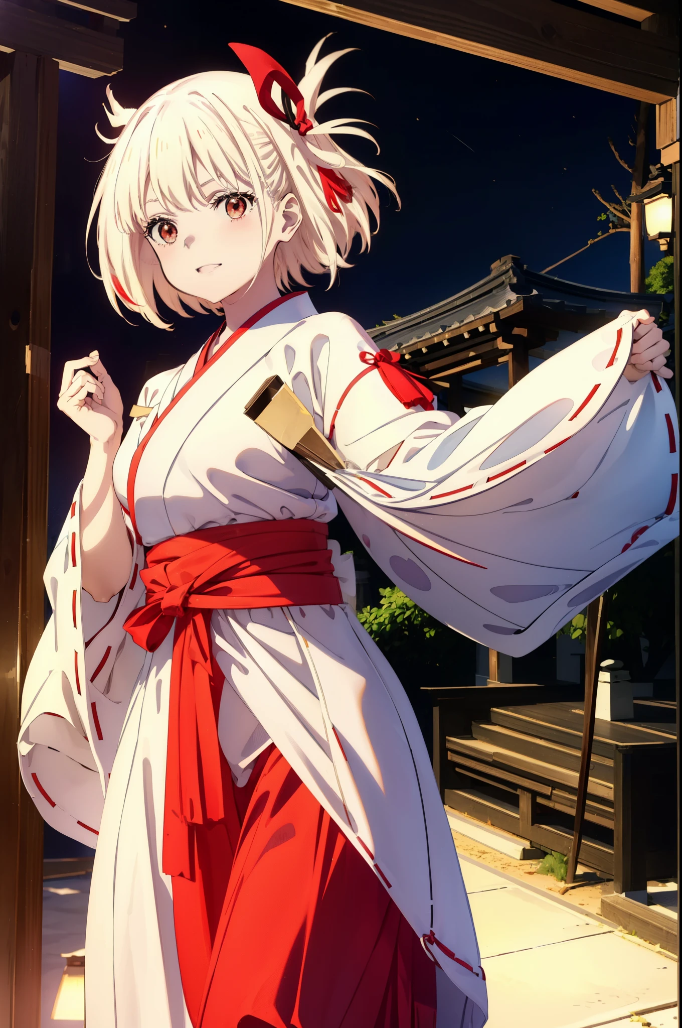 chisatonishikigi, Chisato Nishikigi, short hair, bangs, Blonde Hair, (Red eyes:1.5),happy smile, smile, Open your mouth, hair ribbon, One side up, Bobcut,Platycodon grandiflorum,Miko, White Kimono, kimono, Red Hakama,White tabi,Sandals,As with the skirt, Wide sleeves, Long sleeve, Ribbon-trimmed sleeves, Are standing, Daytime,Clear skies,
break outdoors, shrine,torii,
break looking at viewer, (Cowboy Shot:1.5),
break (masterpiece:1.2), highest quality, High resolution, unity 8k wallpaper, (figure:0.8), (Beautiful fine details:1.6), Highly detailed face, Perfect lighting, Highly detailed CG, (Perfect hands, Perfect Anatomy),