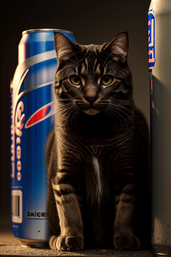 A huge cat with kittens, angry expression, growling, protecting Pepsi-Cola cans, detailed feline features, photorealistic, 8k, highly detailed, dramatic lighting, moody colors, fantasy, digital art
