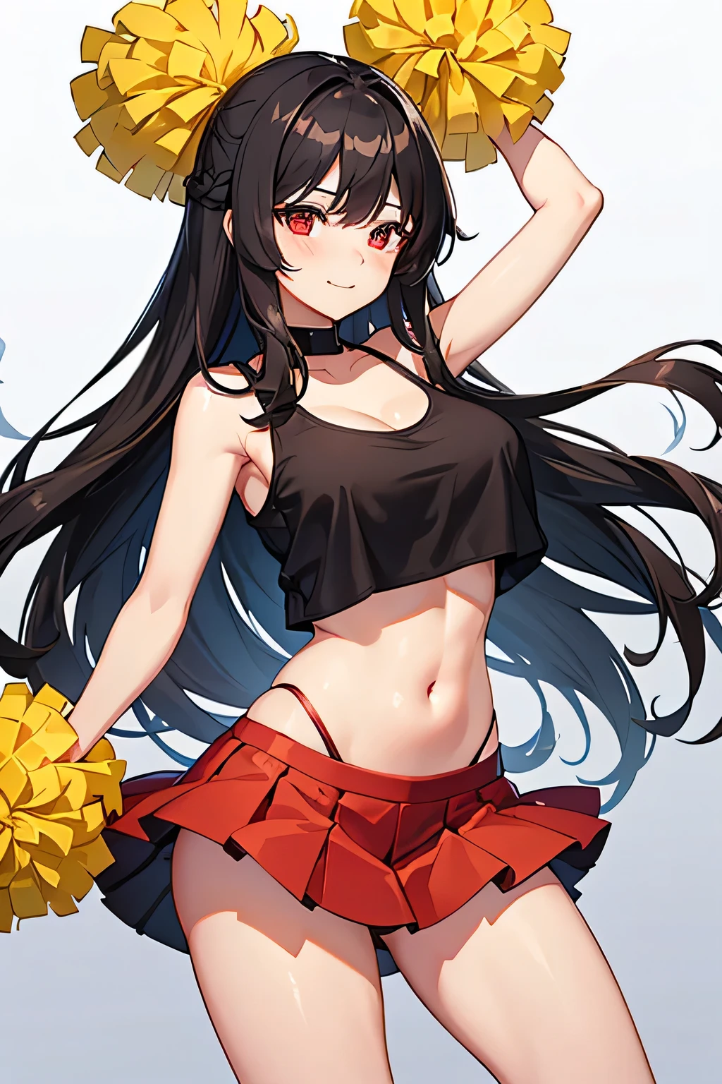 1girl, bangs, bare shoulders, black hair, black panties, blush, breasts, cheerleader, cleavage, crop top, holding, holding pom poms, large breasts, long hair, looking at viewer, navel, panties, pom pom \(cheerleading\), red eyes, shirt, shoes, simple background, skirt, sneakers, solo, sweat, thighs, underwear, very long hair, hu tao, genshin, lewd, sexy, hot, smiling, smile