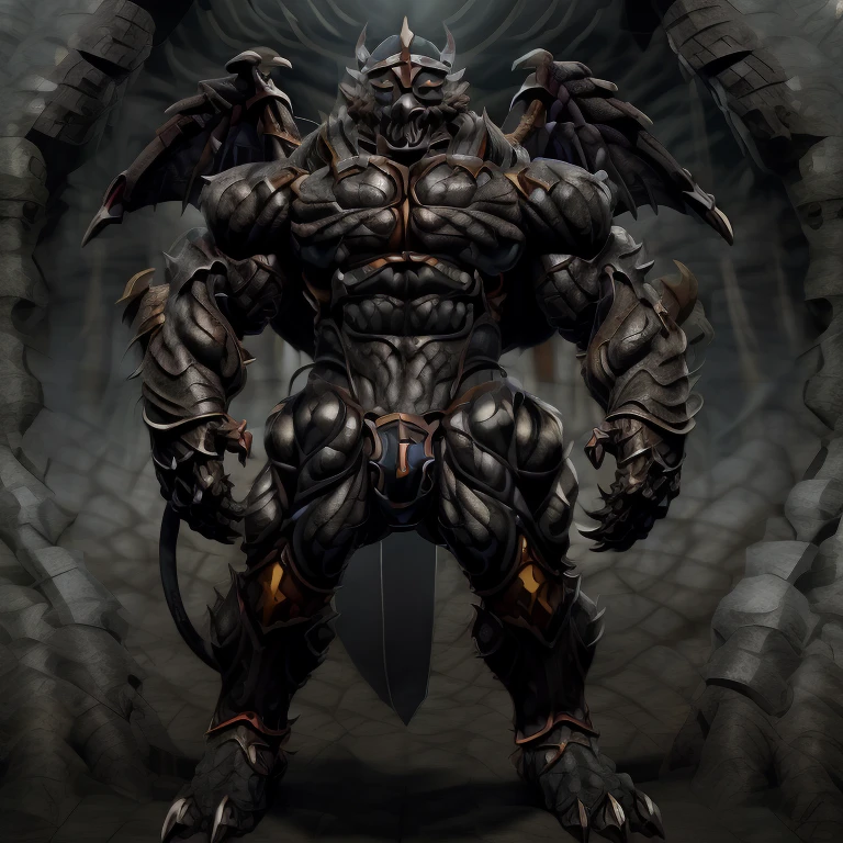 8K, Masterpiece, highres, black visor, Detailed head, Detailed Body, full body, BLACK color, Detailed abs, wearing crNanosuit, big muscle (pecs, triceps, traps) unusually developed muscular body, body full of huge muscles. showing off muscles, pectorales enormes. Exaggeratedly huge muscles. Gigachad Muscular, gigantic muscles, The claws are sharp, Sharp teeth, have big wings. whole body shines like metal. nj5furry, the bodybuilding competition, huge muscular bodybuilder, wearing a tiny thong (metallic color: jet black thong)  looking at the audience, five fingers, tall body, FULL BODY, giant, huge body, long legs, gigantic,