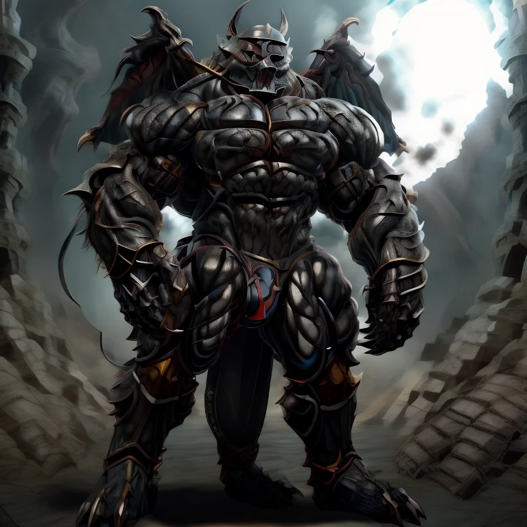 8K, Masterpiece, highres, black visor, Detailed head, Detailed Body, full body, BLACK color, Detailed abs, wearing crNanosuit, big muscle (pecs, triceps, traps) unusually developed muscular body, body full of huge muscles. showing off muscles, pectorales enormes. Exaggeratedly huge muscles. Gigachad Muscular, gigantic muscles, The claws are sharp, Sharp teeth, have big wings. whole body shines like metal. nj5furry, the bodybuilding competition, huge muscular bodybuilder, wearing a tiny thong (metallic color: jet black thong)  looking at the audience, five fingers, tall body, FULL BODY, giant, huge body, long legs, gigantic,