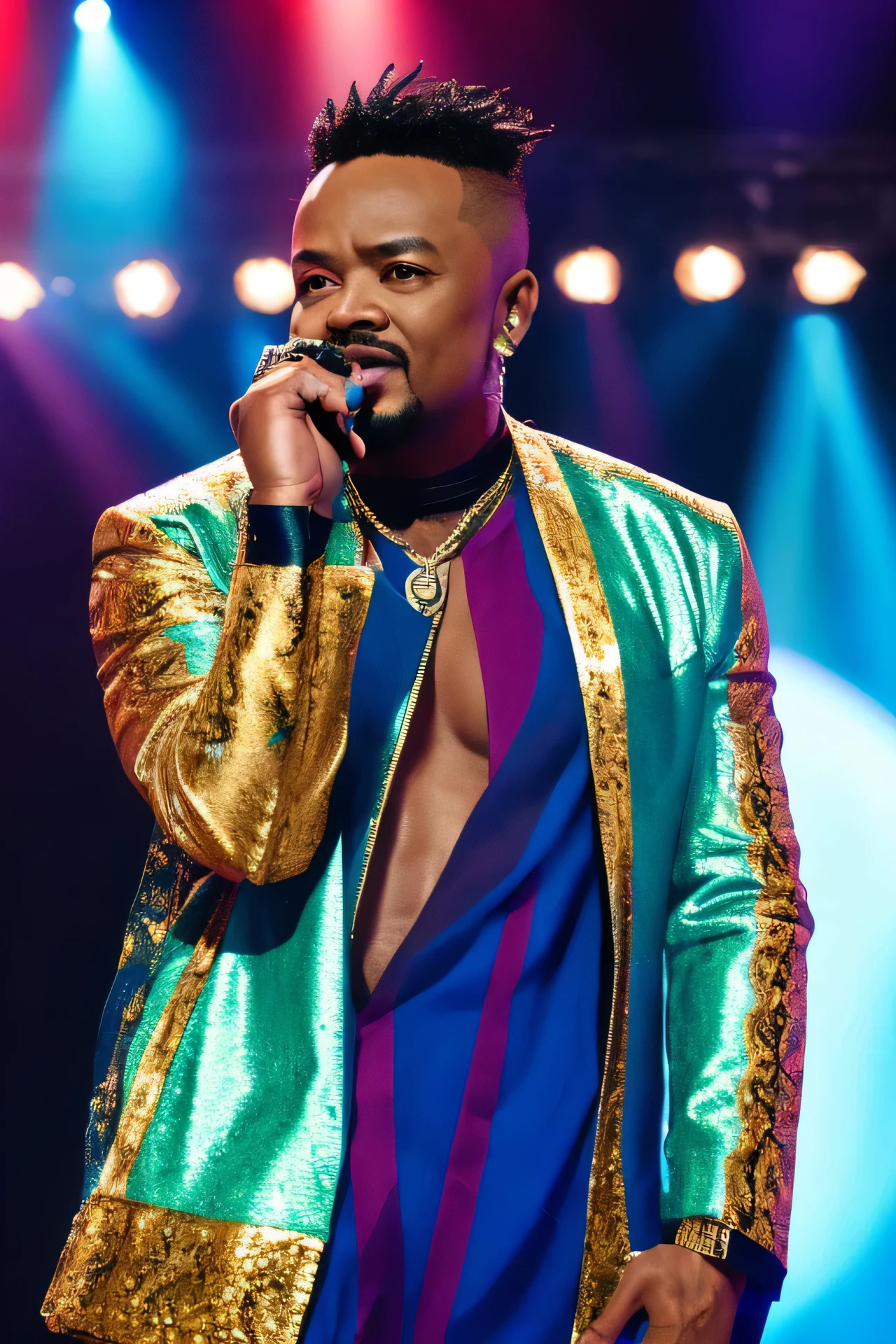 Singer Apl De Ap, half body shot, detailed face, detailed representation of the face, detailed eyes, high quality, high resolution, best image, whole body shot wearing luxurious outfit, facing the audience, 8k, high quality, colorful background