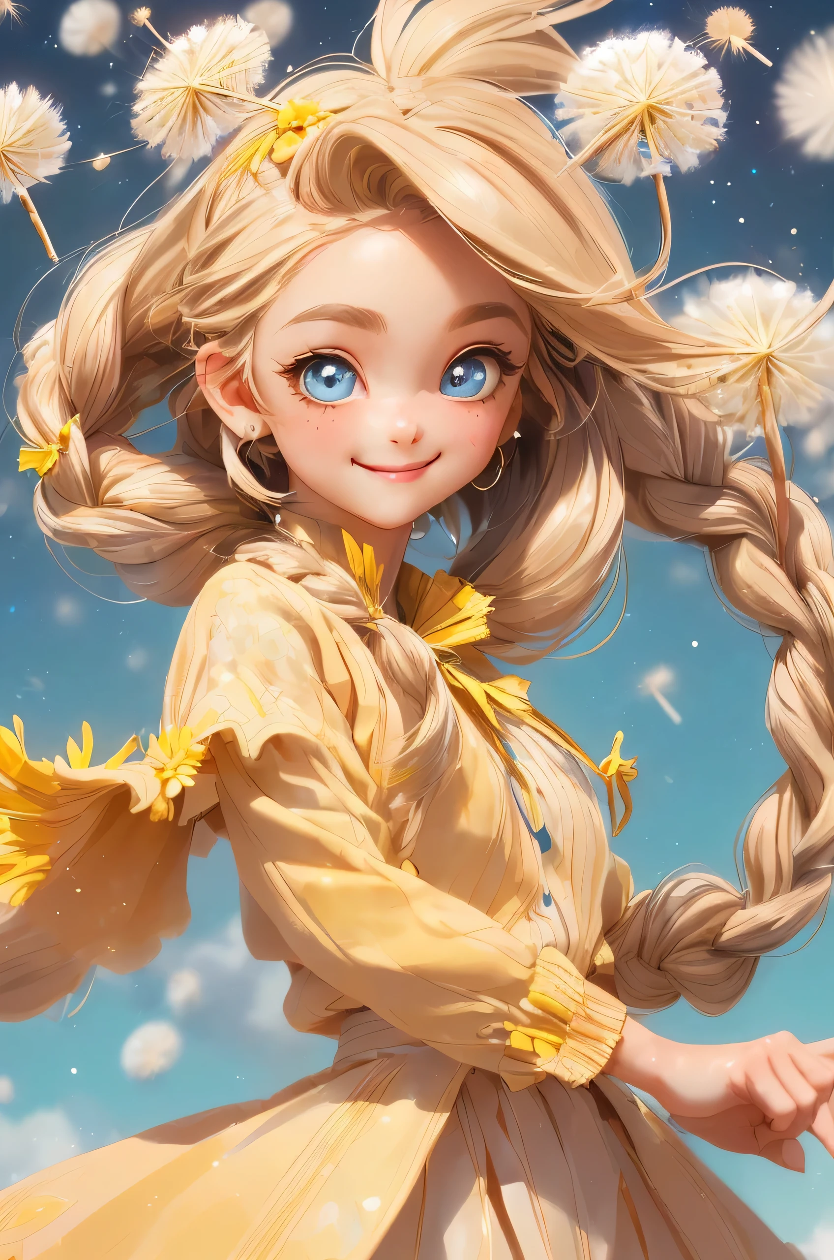 1 Girl(Lovely, Kawaii,,Hair shiny,Braided hair,Messy hair,Dandelion Hair Accessories,Eye Color Universe,big eyes,Dynamic Angle:1.4,whole body,Dynamic poses,Delicate face,Bright colors,Blowing dandelion seeds,Smile),