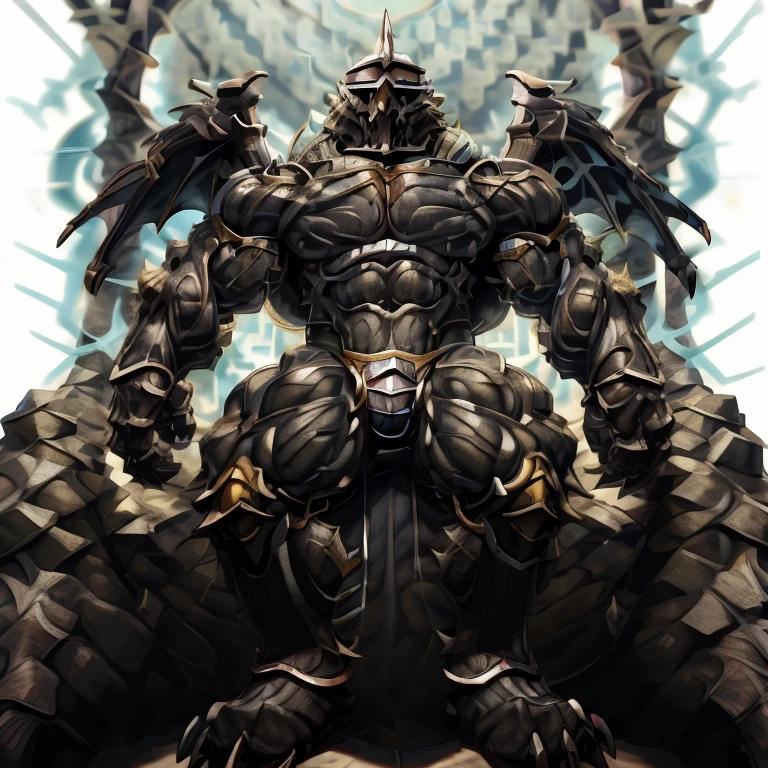 8K, Masterpiece, highres, black visor, Detailed head, Detailed Body, full body, BLACK color, Detailed abs, wearing crNanosuit, big muscle (pecs, triceps, traps) unusually developed muscular body, body full of huge muscles. showing off muscles, pectorales enormes. Exaggeratedly huge muscles. Gigachad Muscular, gigantic muscles, The claws are sharp, Sharp teeth, have big wings. whole body shines like metal. nj5furry, the bodybuilding competition, huge muscular bodybuilder, wearing a tiny thong (metallic color: jet black thong)  looking at the audience, five fingers, tall body,sitting on the throne,