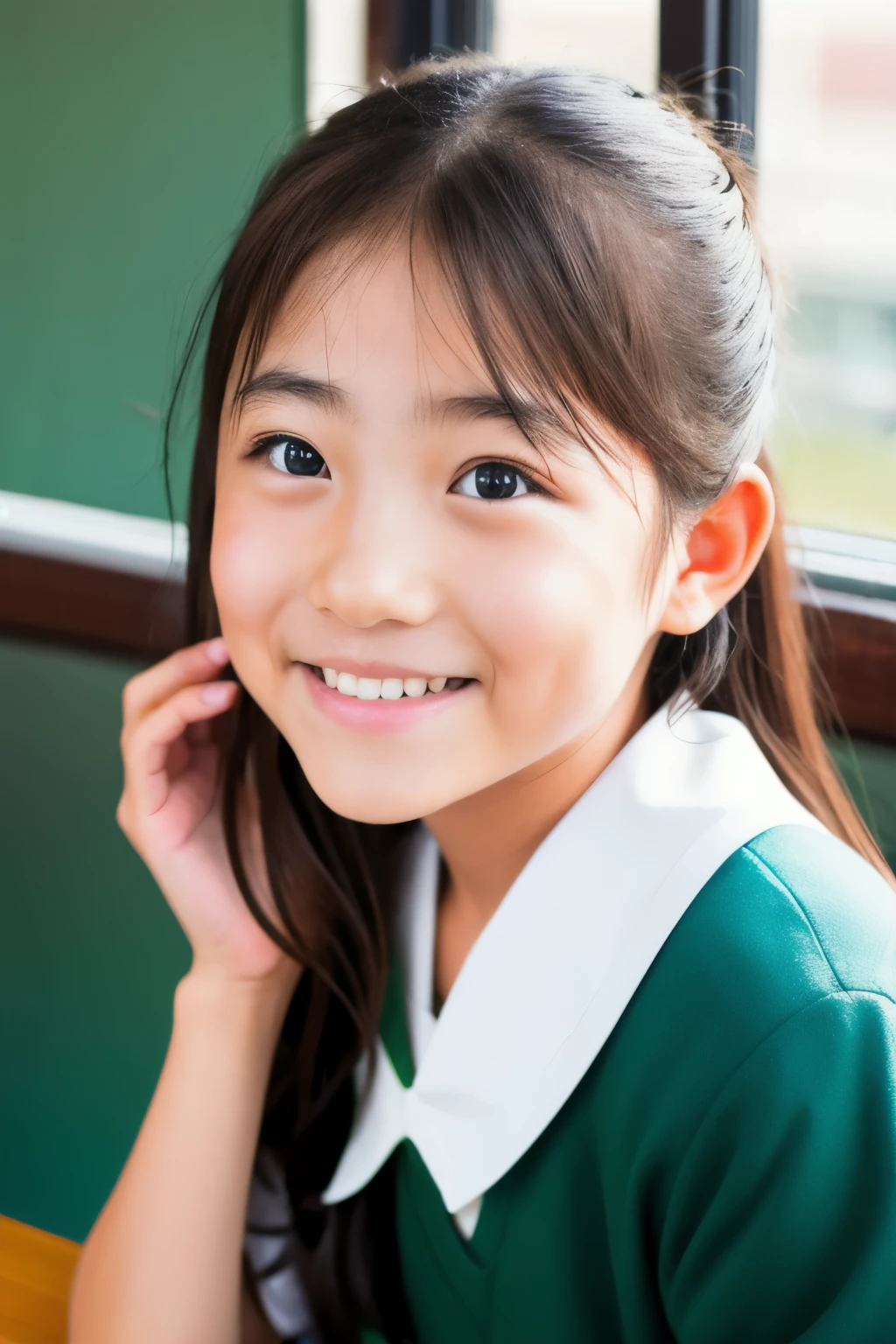 lens: 135mm f1.8, (Highest quality),(RAW Photos), (Tabletop:1.1), (Beautiful 13 year old Japanese girl), Cute face, (Deeply chiseled face:0.7), (freckles:0.4), Speckled sunlight, Dramatic lighting, (uniform), (In the classroom), shy, (Close-up shot:1.2), (smile)