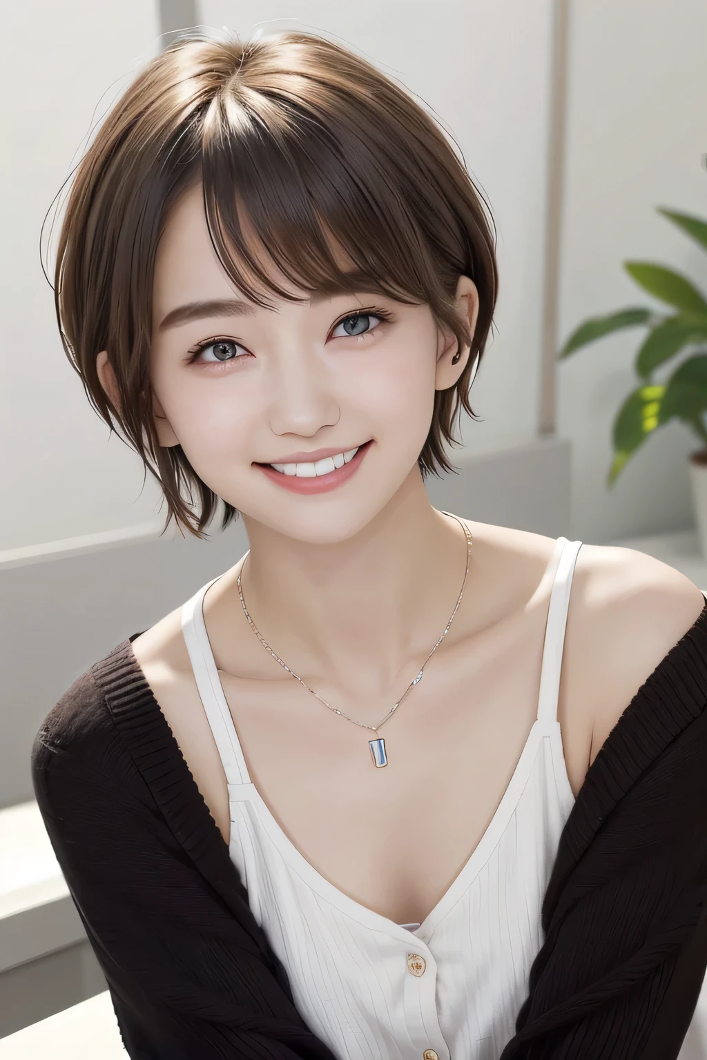 205 ((short hair)), 20-year-old female, In underwear、Put a cardigan over your shoulders、 A refreshing smile、Beautiful teeth alignment、Dark eyeliner、Dark brown hair、ear piercing、Necklace around the neck、Looking at the camera