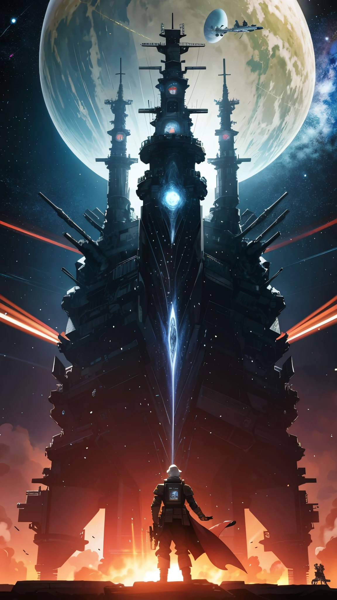 This magnificent and highly detailed masterpiece features the colossal battleship upon which Field Marshal Reinhard Lohengramm executes strategic operations in the Legend of the Galactic Heroes series, set against the backdrop of an epic intergalactic battle. A dynamic and oblique perspective showcases a huge ship, adorned with intricate architectural details, standing out in the foreground. Star explosions and distant planets add to the grandeur of the space battlefield. The iconic silver-haired Lohengramm is depicted in pure white, diligently studying battle plans, with determination etched on his face.