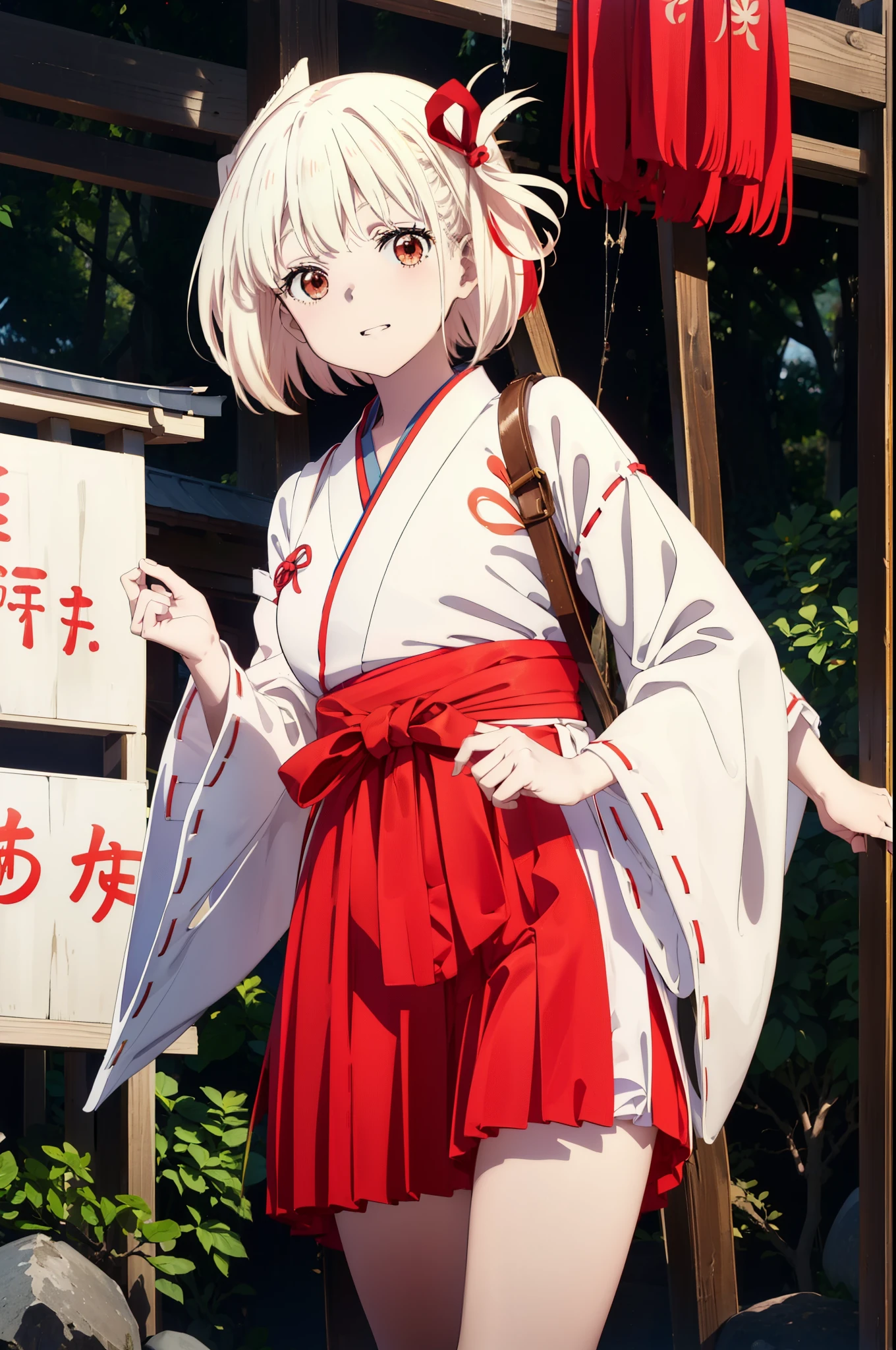 chisatonishikigi, Chisato Nishikigi, short hair, bangs, Blonde Hair, (Red eyes:1.5),happy smile, smile, Open your mouth, hair ribbon, One side up, Bobcut,Platycodon grandiflorum,Miko, White Kimono, kimono, Red Hakama,White tabi,Sandals,As with the skirt, Wide sleeves, Long sleeve, Ribbon-trimmed sleeves, Are standing, Daytime,Clear skies,
break outdoors, shrine,torii,
break looking at viewer, (Cowboy Shot:1.5),
break (masterpiece:1.2), highest quality, High resolution, unity 8k wallpaper, (figure:0.8), (Beautiful fine details:1.6), Highly detailed face, Perfect lighting, Highly detailed CG, (Perfect hands, Perfect Anatomy),