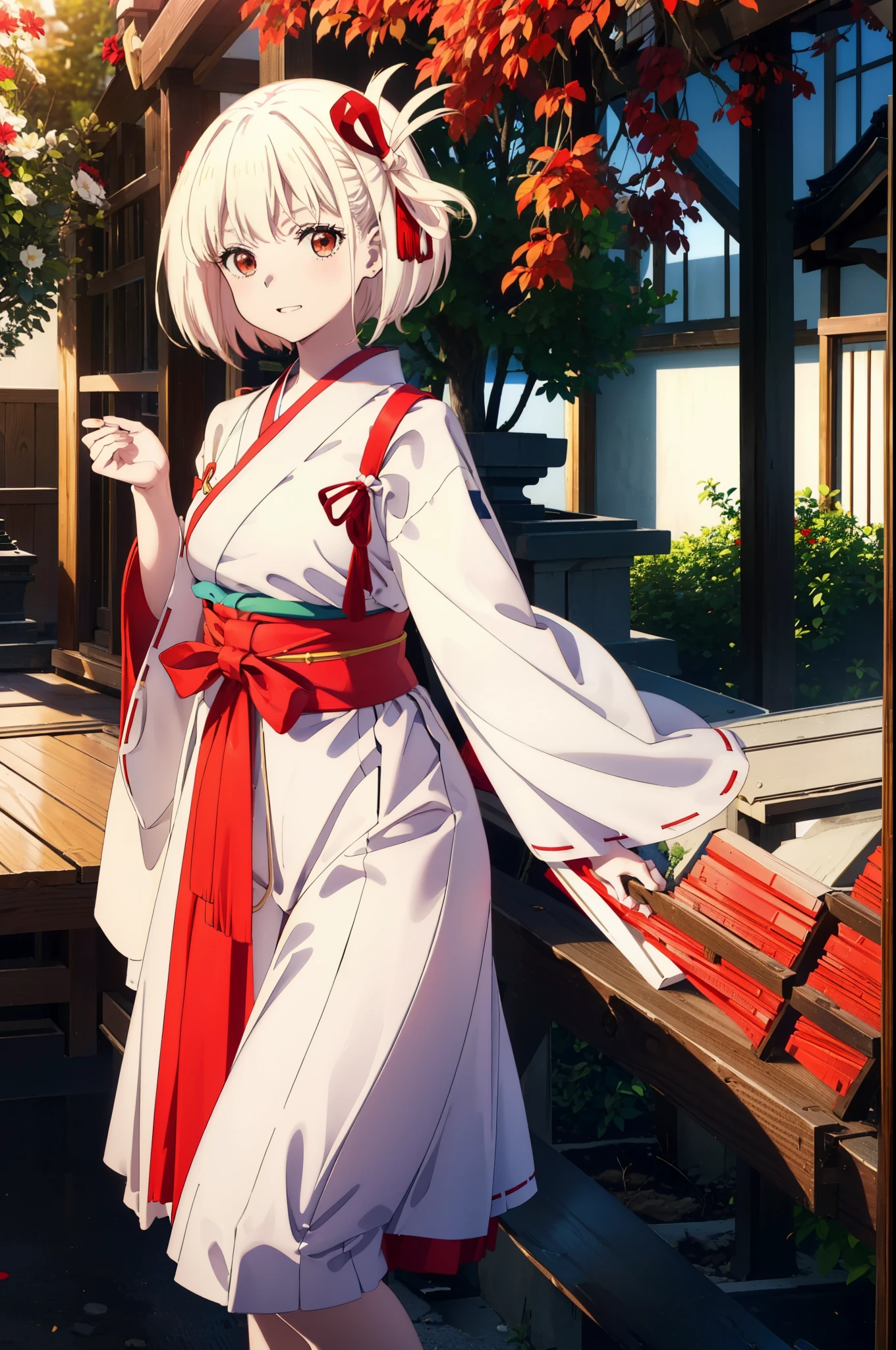 chisatonishikigi, Chisato Nishikigi, short hair, bangs, Blonde Hair, (Red eyes:1.5),happy smile, smile, Open your mouth, hair ribbon, One side up, Bobcut,Platycodon grandiflorum,Miko, White Kimono, kimono, Red Hakama,White tabi,Sandals,As with the skirt, Wide sleeves, Long sleeve, Ribbon-trimmed sleeves, Are standing, Daytime,Clear skies,
break outdoors, shrine,torii,
break looking at viewer, (Cowboy Shot:1.5),
break (masterpiece:1.2), highest quality, High resolution, unity 8k wallpaper, (figure:0.8), (Beautiful fine details:1.6), Highly detailed face, Perfect lighting, Highly detailed CG, (Perfect hands, Perfect Anatomy),