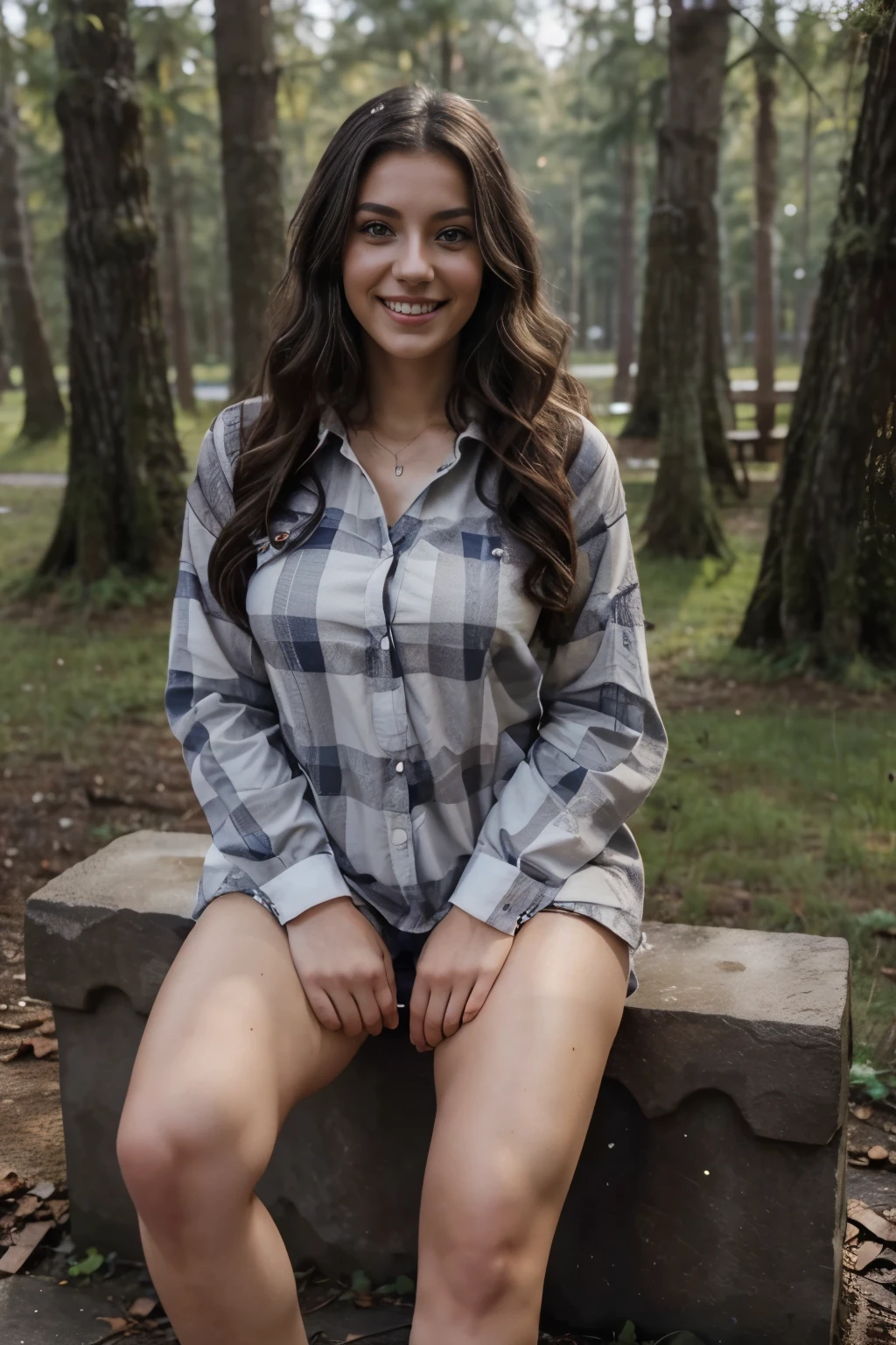 European beautiful Female instagram model, 24 years old, 170cm high, 60kg weight, white skin, light gray eyes, curly dark hair, athletic build, (((Maria-Luv))), forest, full body, smile, full body frame, provocative sit pose, square print flannel shirt
