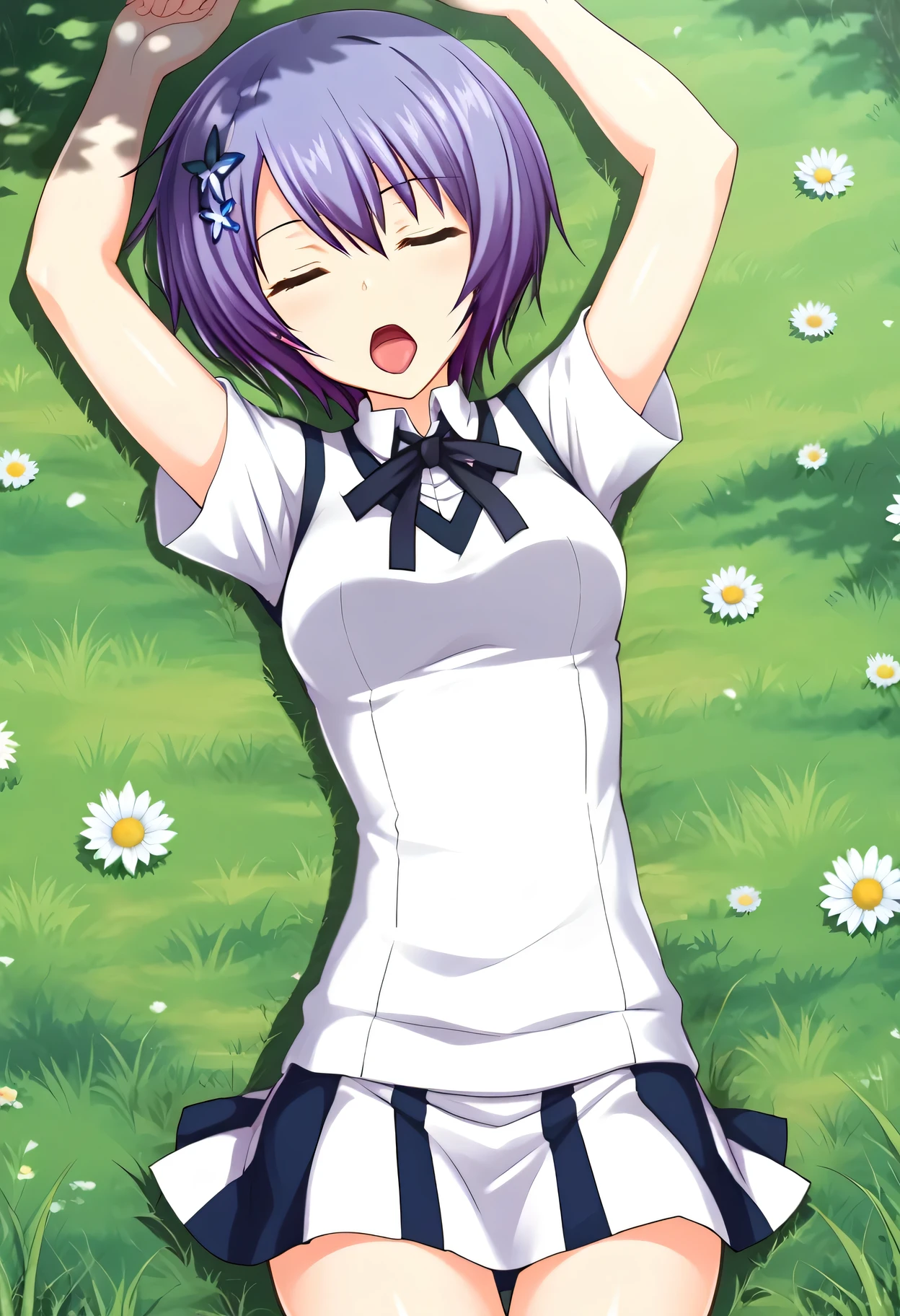 Shiina Miyako, purple hair, short hair, purple eyes, hair ornament, , short sleeves, white sweater vest, white shirt, white skirt, neck ribbon, black ribbon, high quality, looking at viewer, open mouth, on back, on grass, arms up, spread arms, expressionless, (cowboy shot:1.5), lying, best quality, play dead, tongue out, closed eyes,